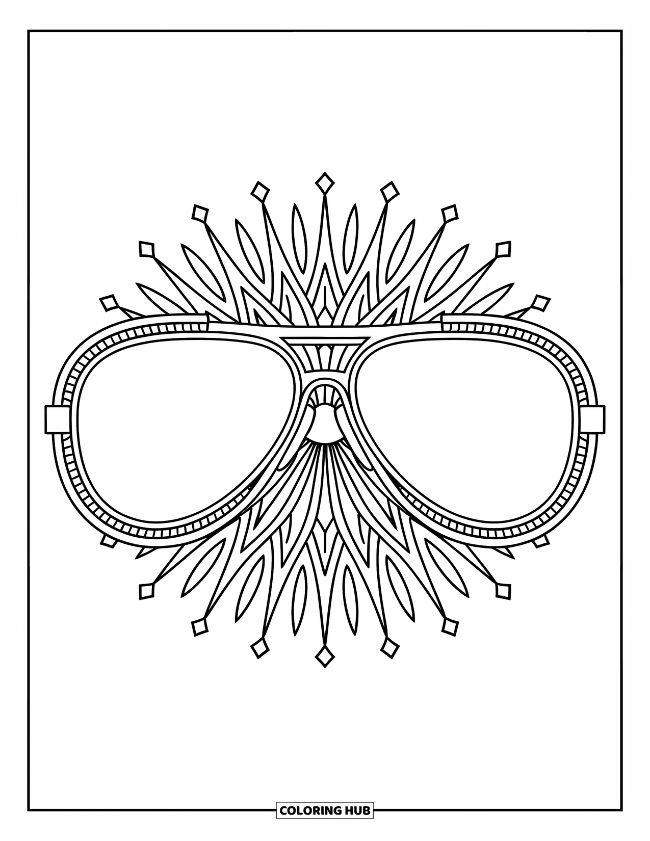 Sunglasses Coloring Page for Adults: Aviator sunglasses shine with mandala rays and detailed linework