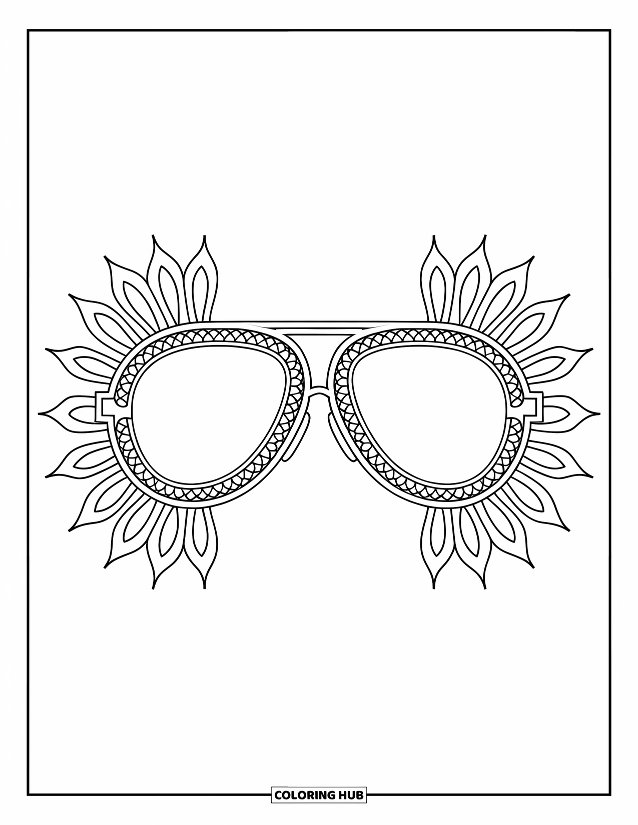 Sunglasses Coloring Page for Adults: Detailed aviator sunglasses radiate symmetrical mandala designs