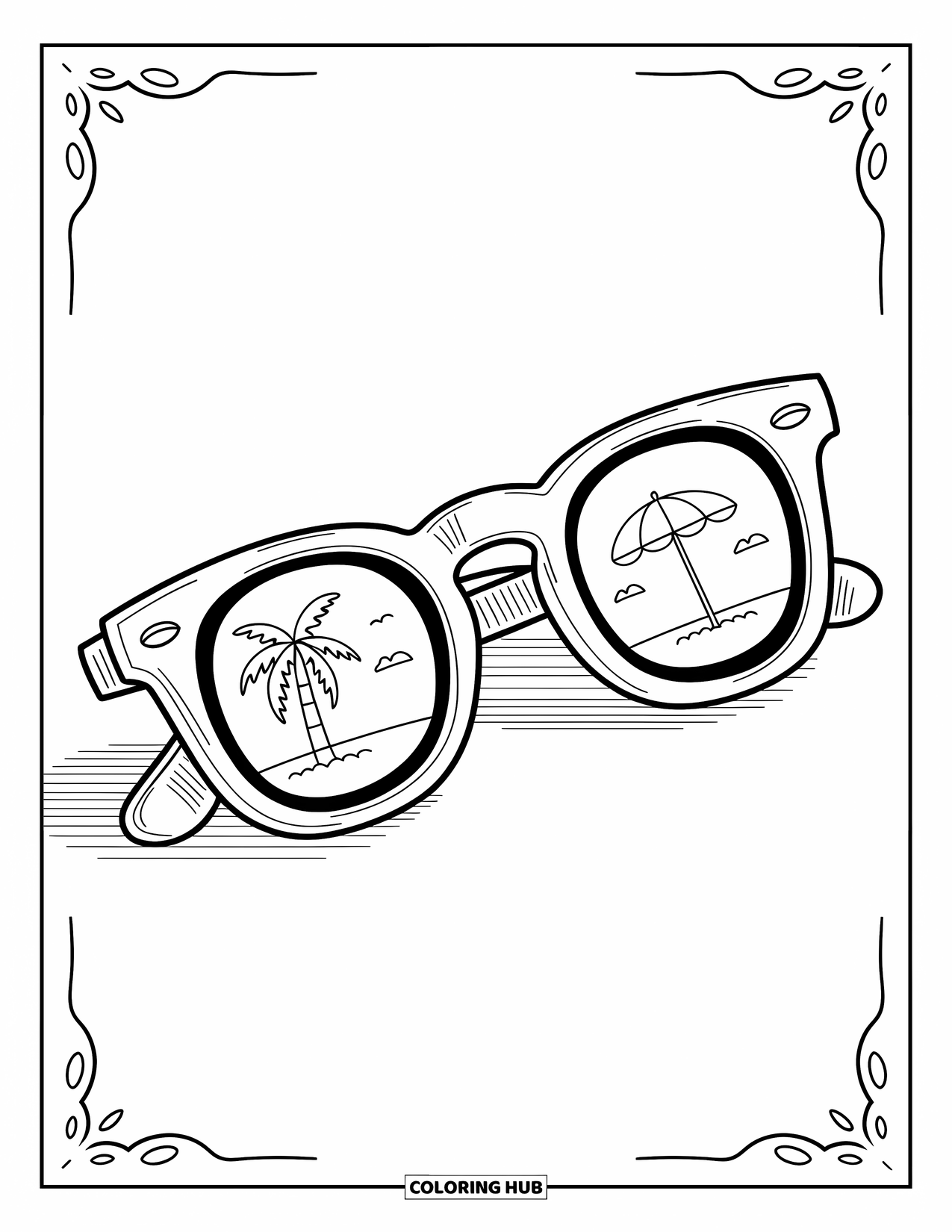 Sunglasses Coloring Page for Adults: Each lens shows a beach scene with palm trees and umbrellas in a kawaii design