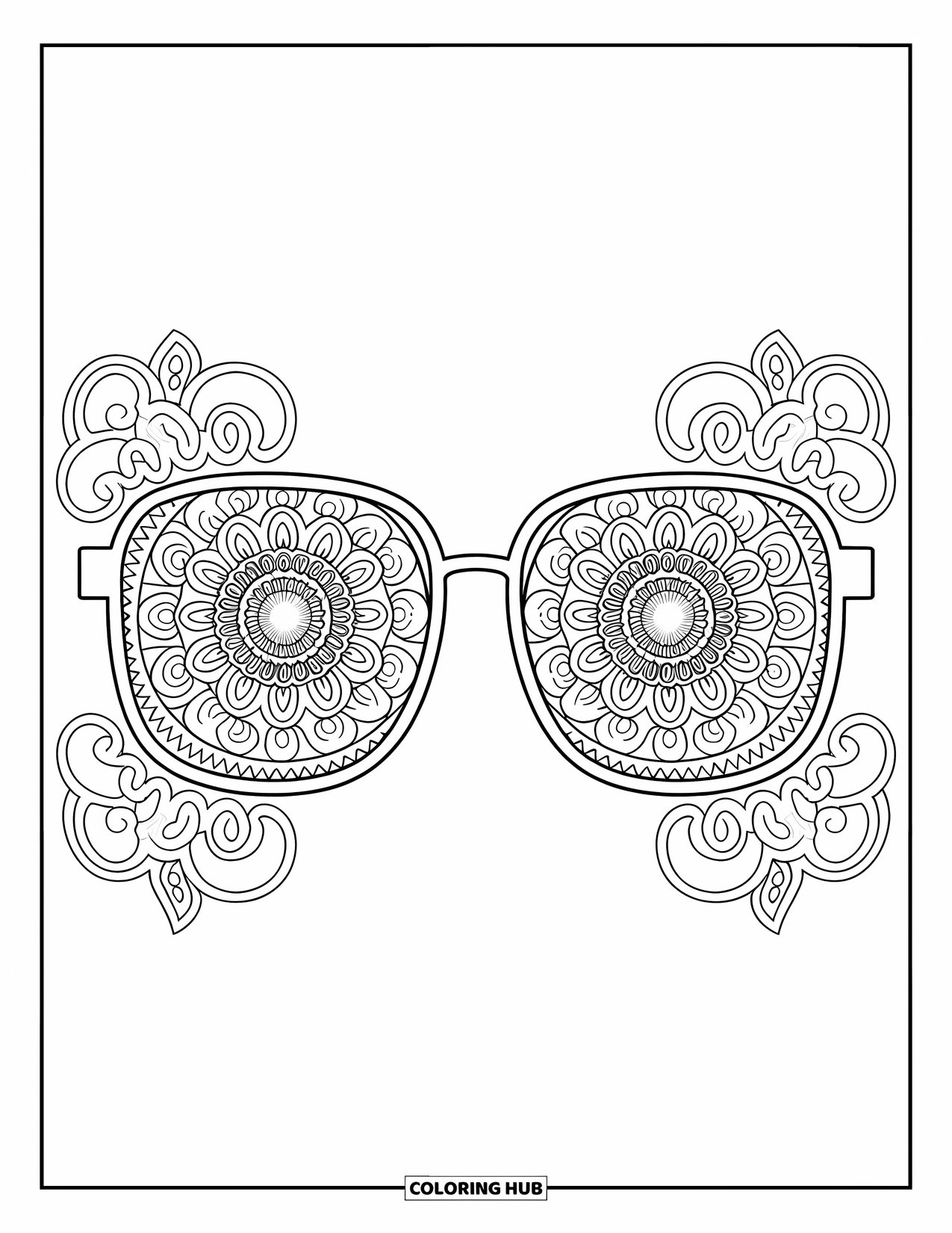 Sunglasses Coloring Page for Adults: Large sunglasses hold mandala circles inside the lenses and swirls around