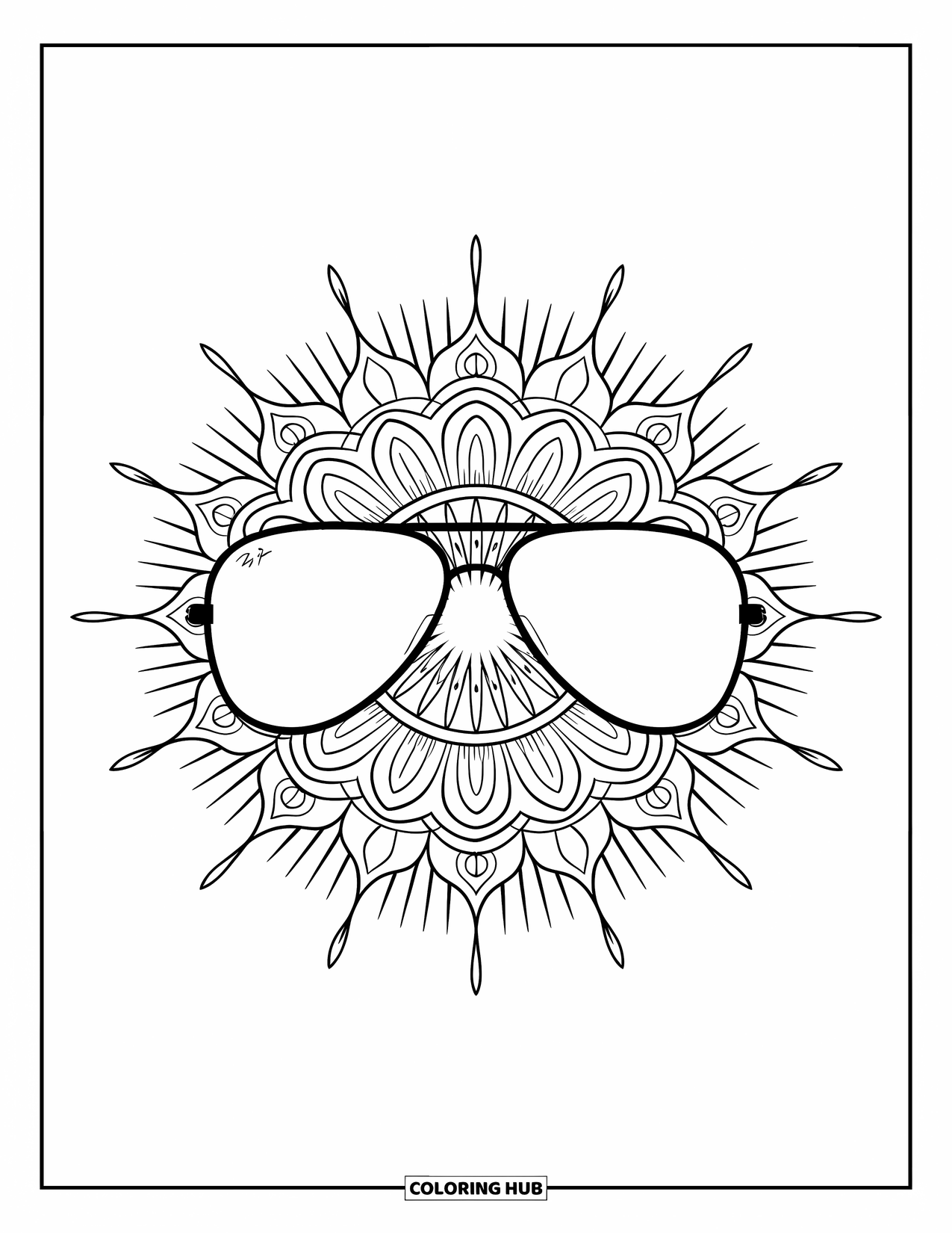 Sunglasses Coloring Page for Adults: Mandala rays extend from aviator sunglasses with bold ornamental lines