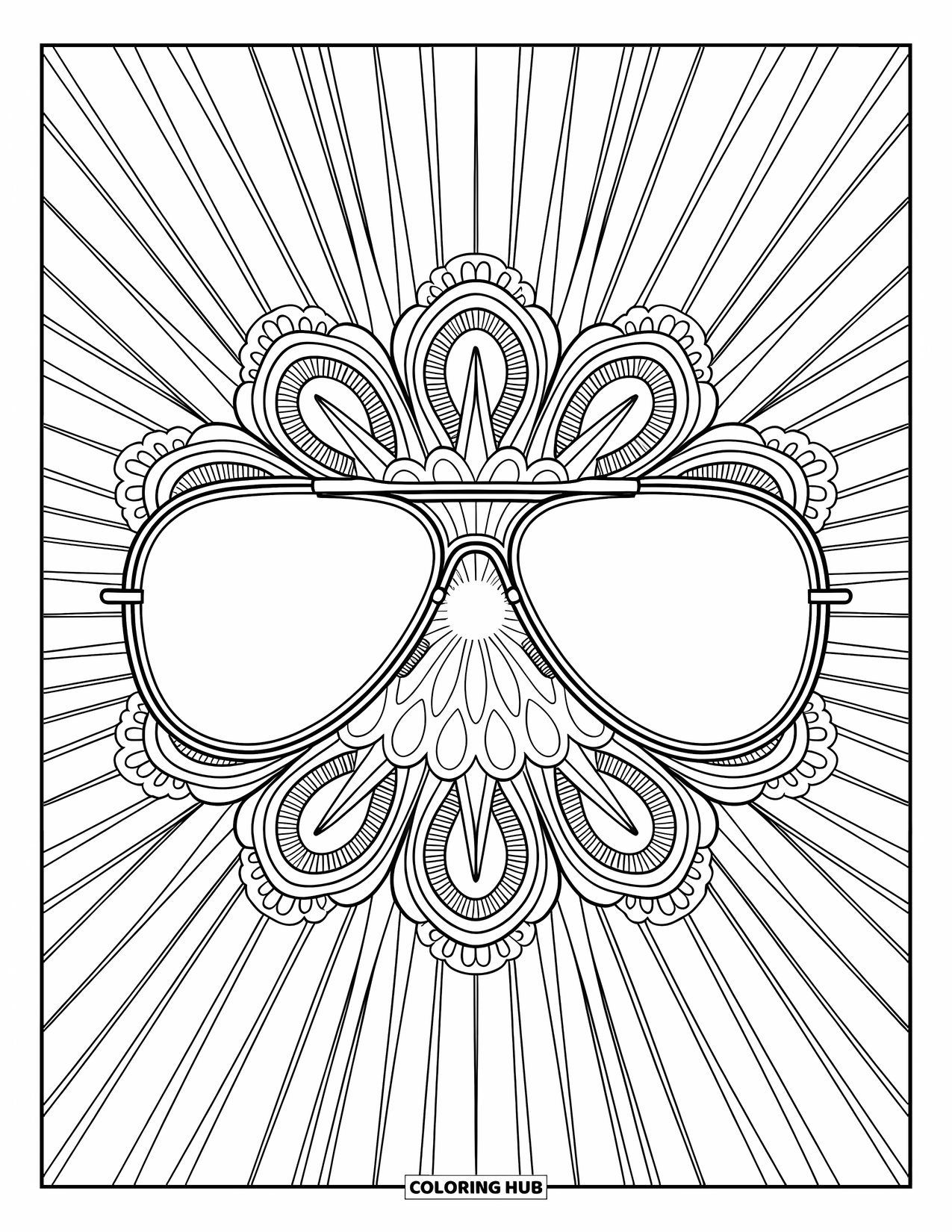 Sunglasses Coloring Page for Adults: Mandala rays surround aviator sunglasses with clean and crisp outlines