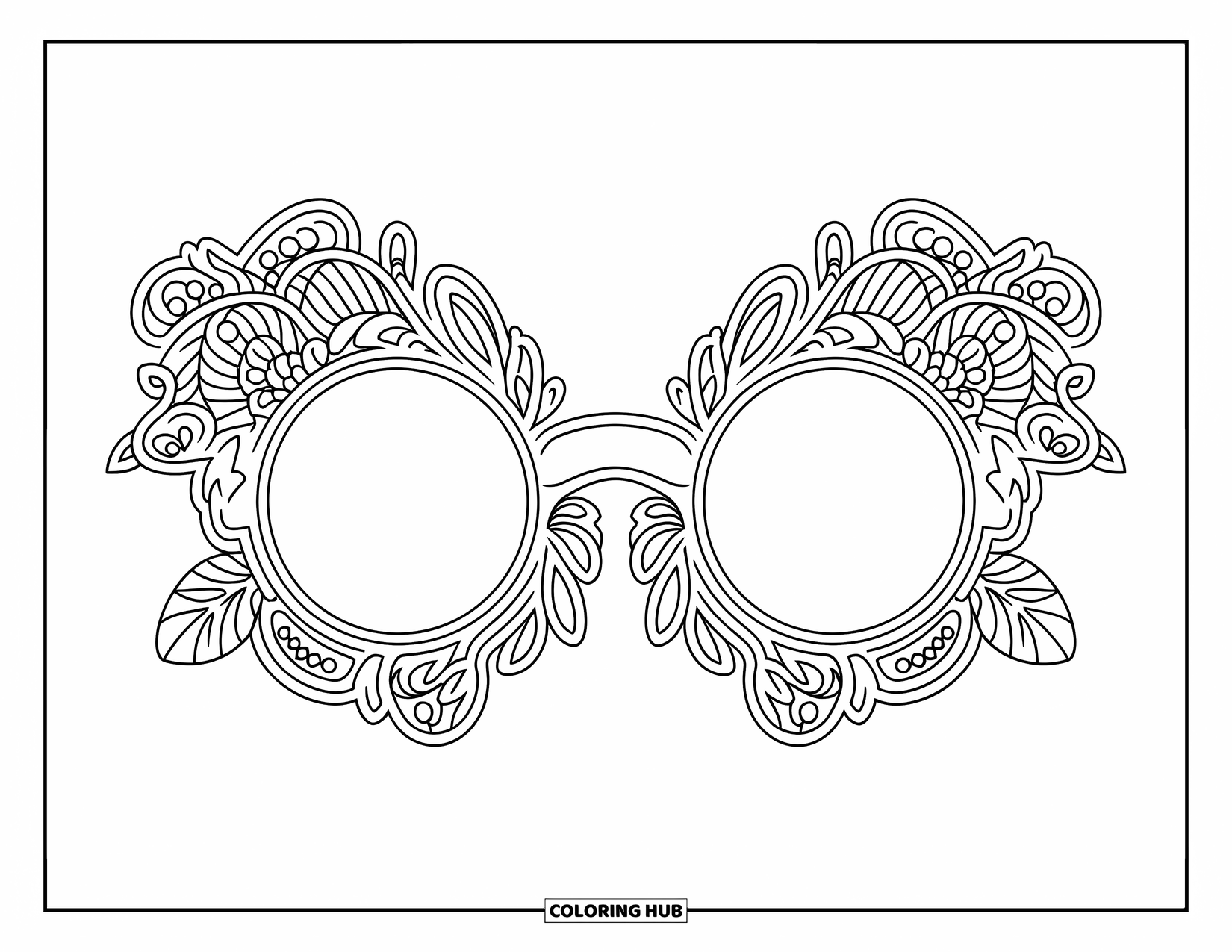Sunglasses Coloring Page for Adults: Mandala vines and florals wrap around a diagonal pair of sunglasses