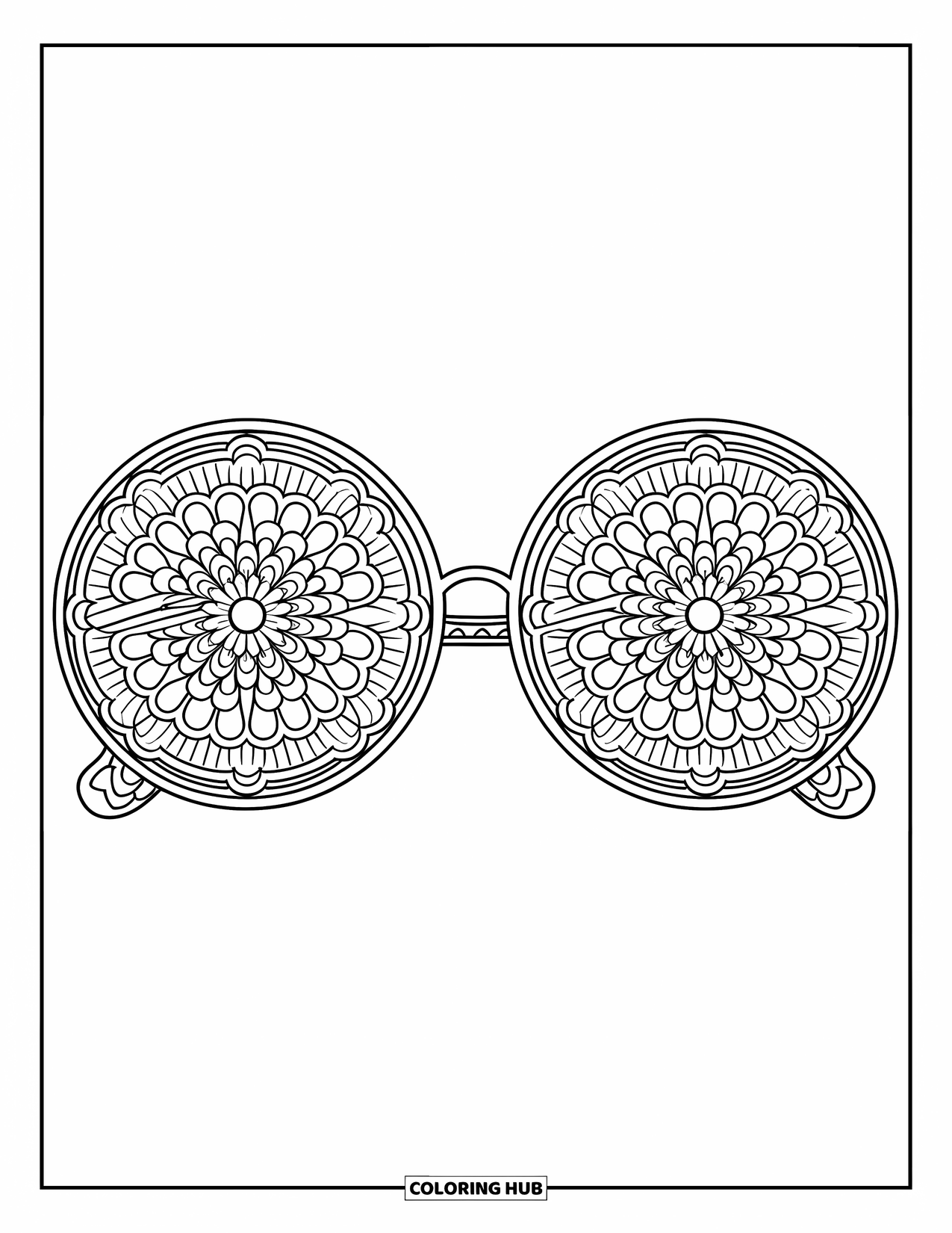 Sunglasses Coloring Page for Adults: Round sunglasses have mandala lenses and lace-detailed frames