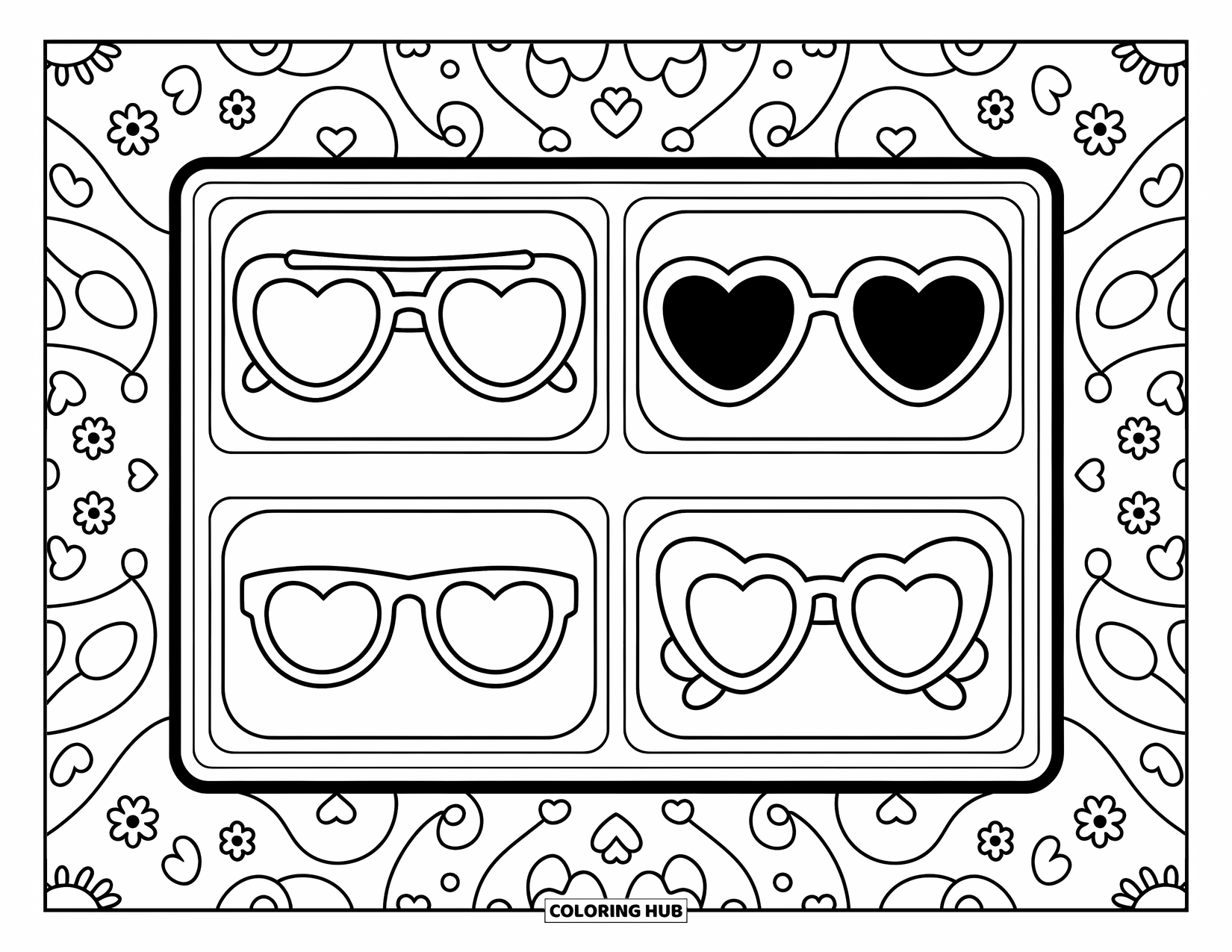Sunglasses Coloring Page for Adults: Six fun sunglasses sit in a tray surrounded by clouds, hearts, and doodle shapes