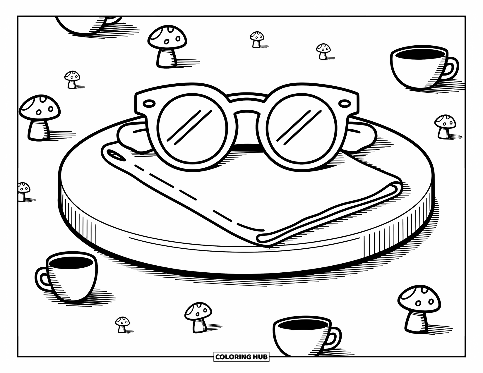 Sunglasses Coloring Page for Adults: Stylish sunglasses sit neatly on a cloth with playful mushrooms and cozy doodles