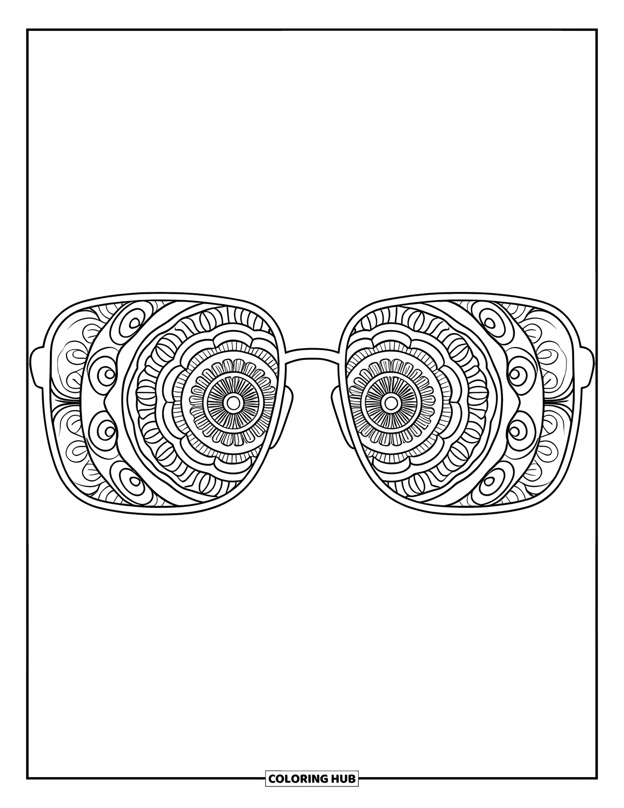 Sunglasses Coloring Page for Adults: Sunglasses display layered mandala patterns with delicate swirling accents