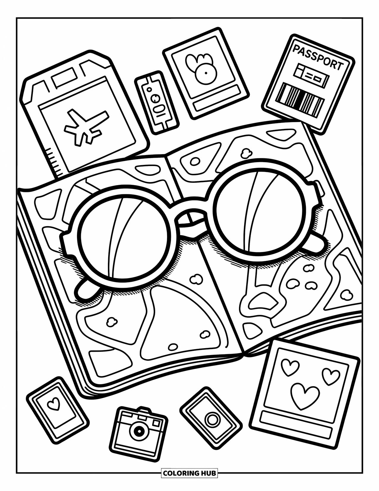 Sunglasses Coloring Page for Adults: Sunglasses lie on a folded map with travel essentials and mini polaroid frames