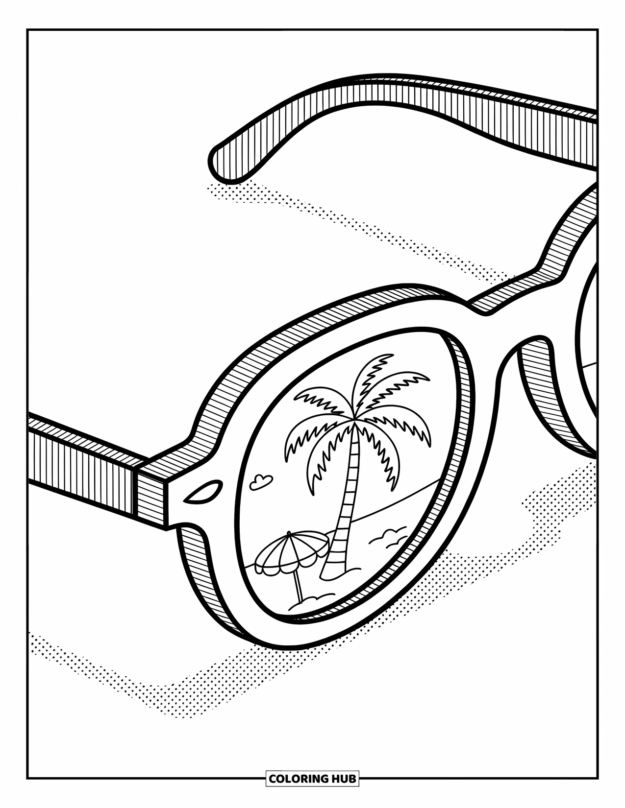 Sunglasses Coloring Page for Adults: Sunglasses reflect a palm tree and umbrella on a dotted, hand-drawn surface