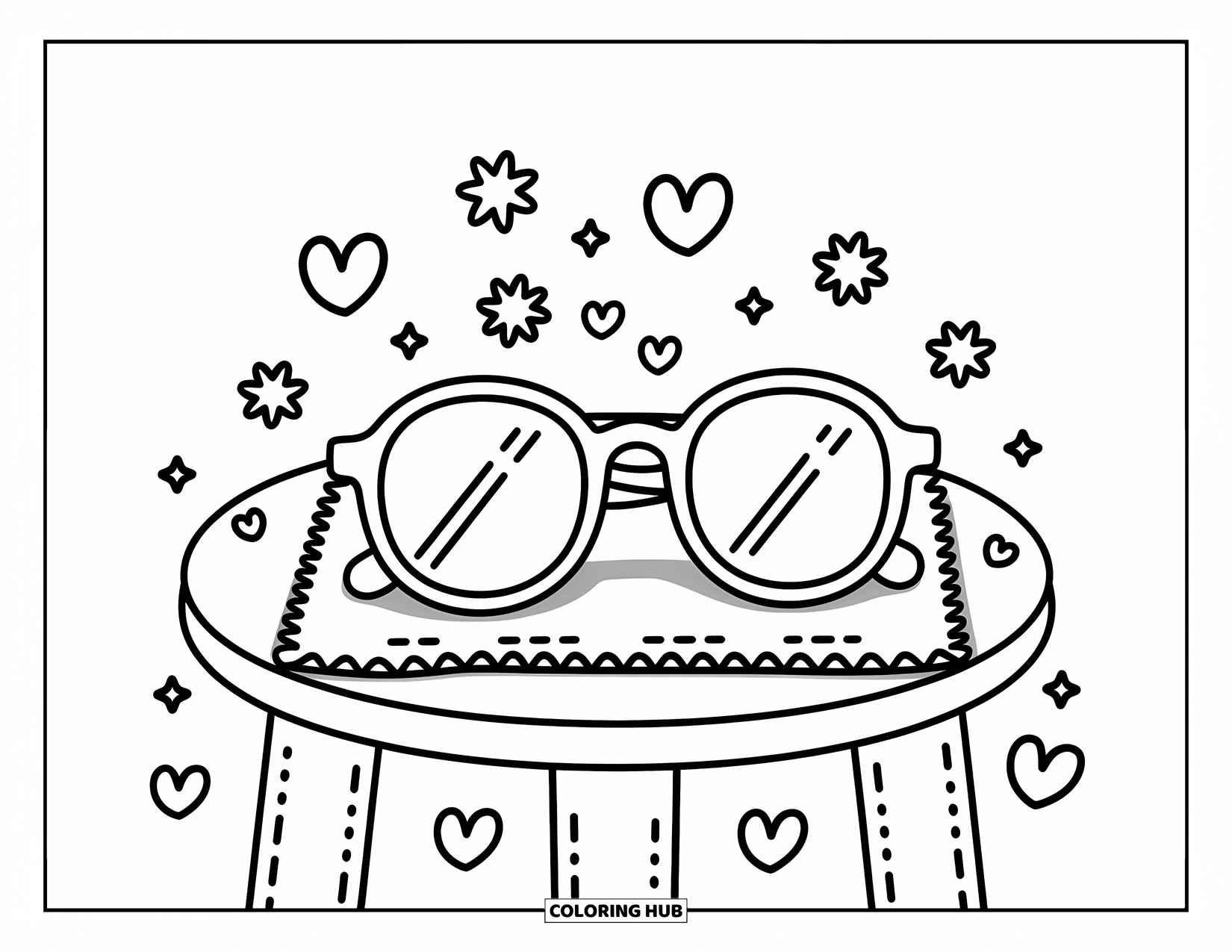 Sunglasses Coloring Page for Adults: Sunglasses rest on a cozy round table with hearts, stars, and a soft cleaning cloth