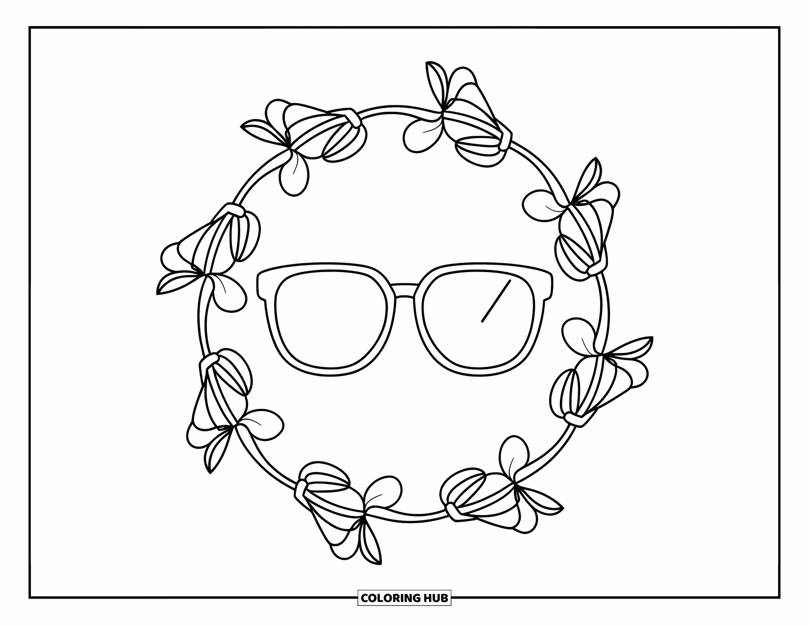 Sunglasses Coloring Page for Adults: Sunglasses sit inside a mandala of swirling vines and flower petals