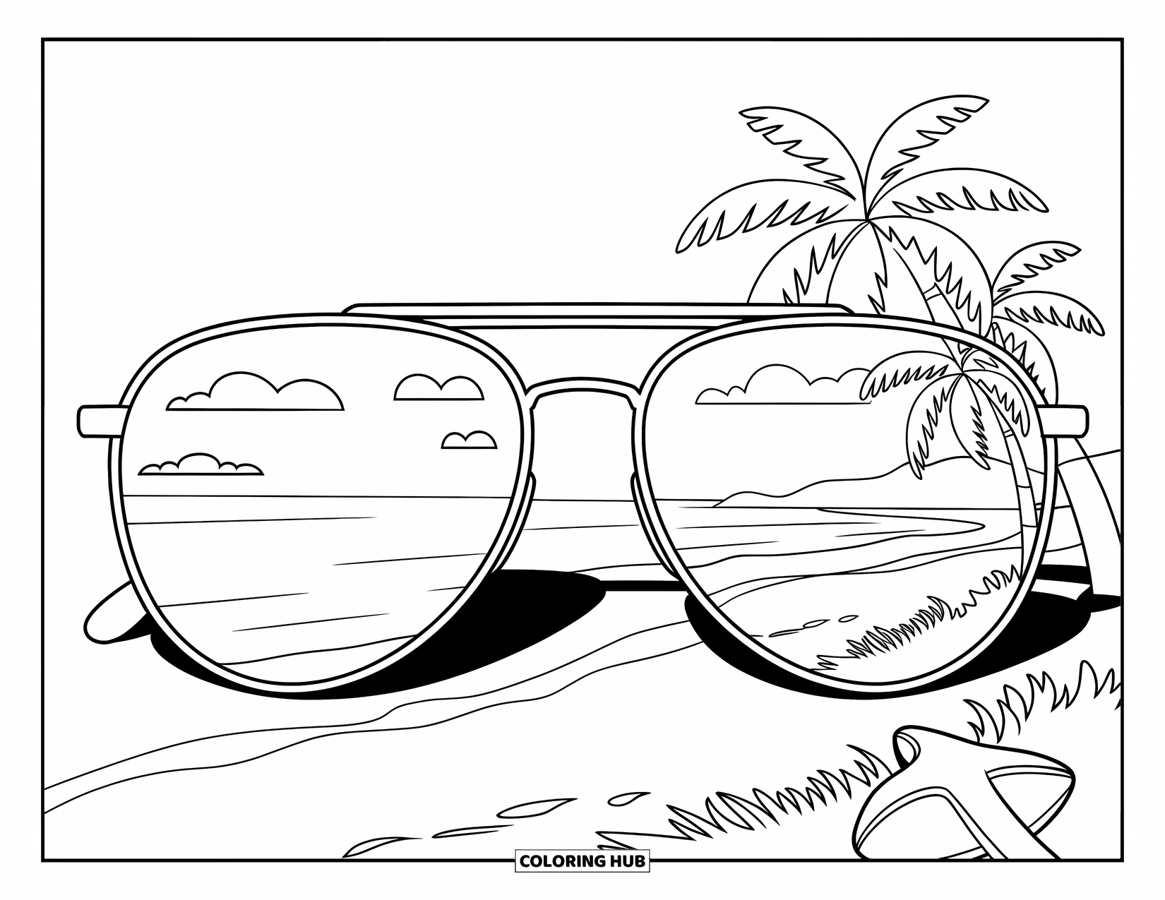 Sunglasses Coloring Page for Kids: A beach scene reflects in sunglasses resting peacefully on the sand