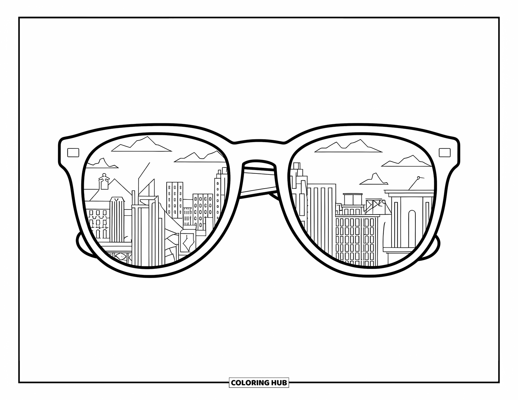 Sunglasses Coloring Page for Kids: A city skyline with a bridge reflects inside a bold pair of sunglasses