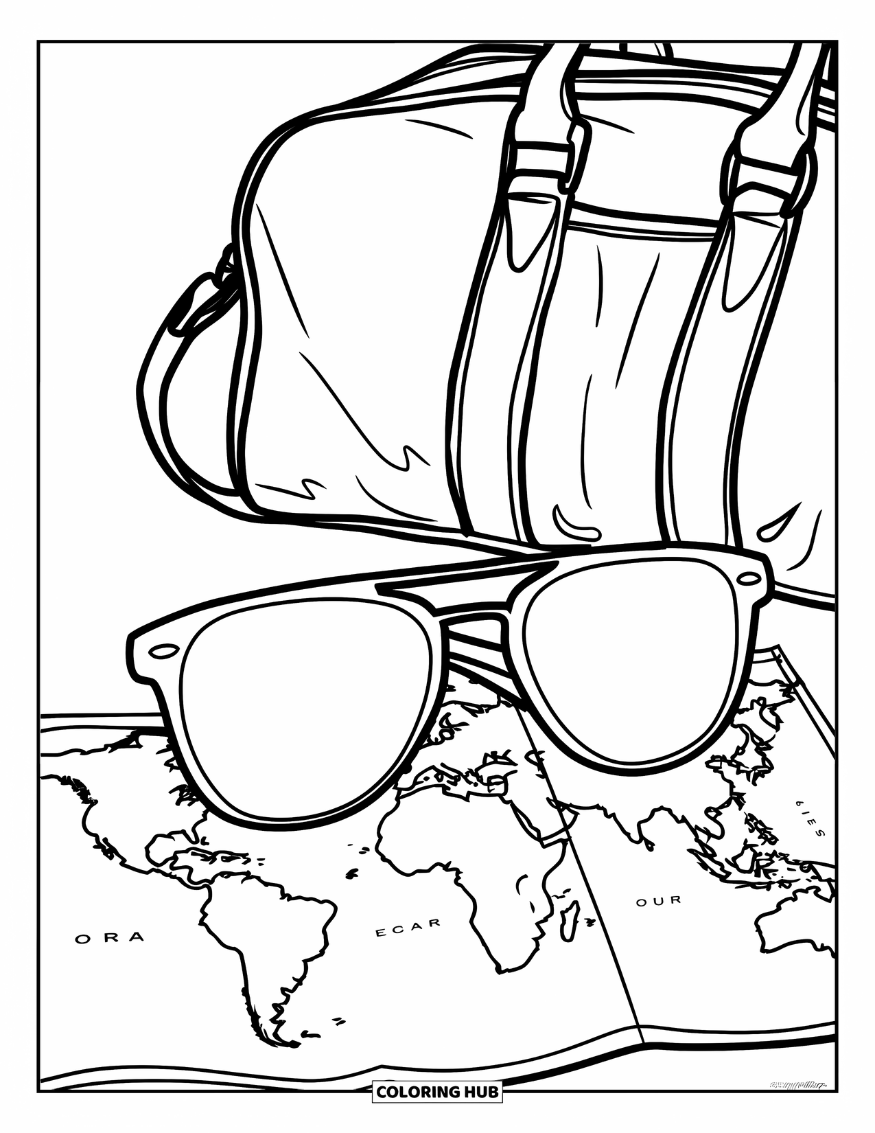 Sunglasses Coloring Page for Kids: A folded map with continents and a backpack lies next to a pair of sunglasses