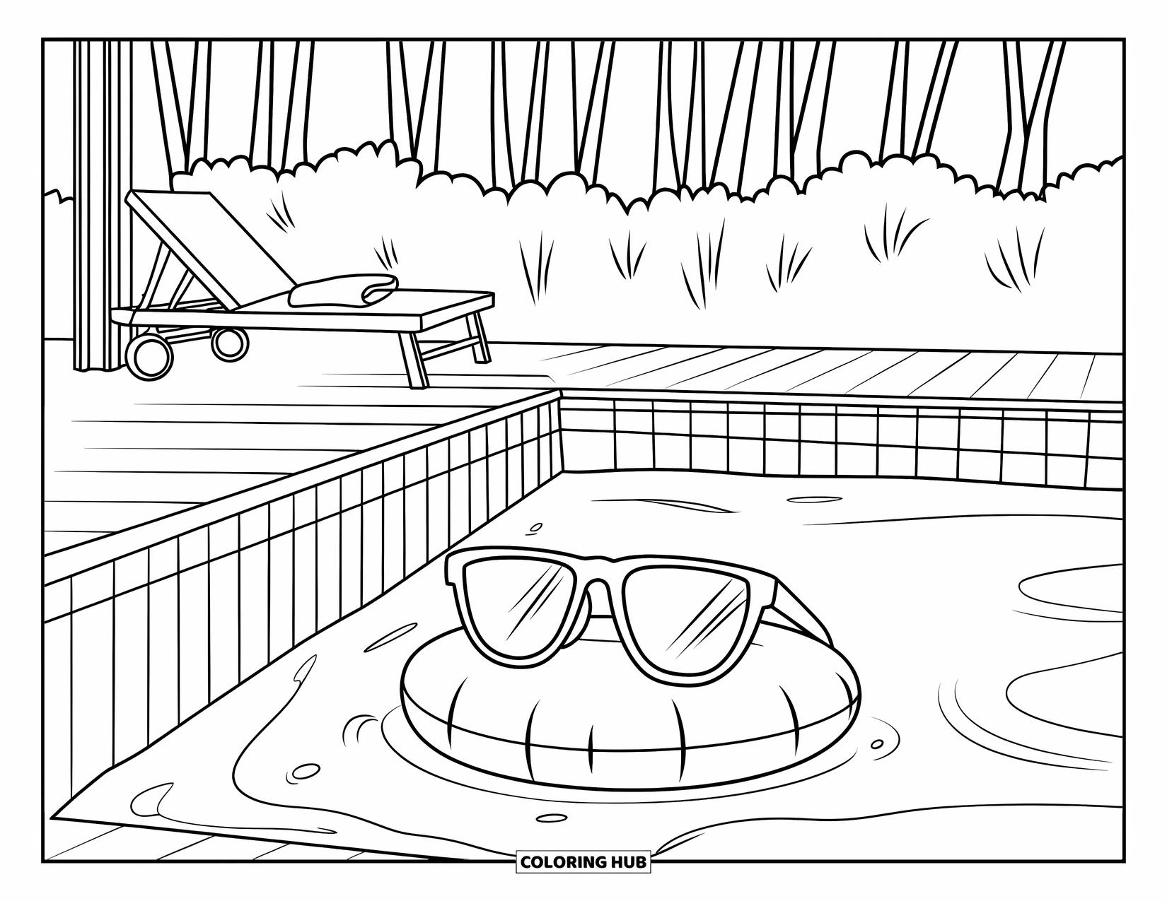 Sunglasses Coloring Page for Kids: A pair of sunglasses rests on a pool float surrounded by trees and a wooden deck