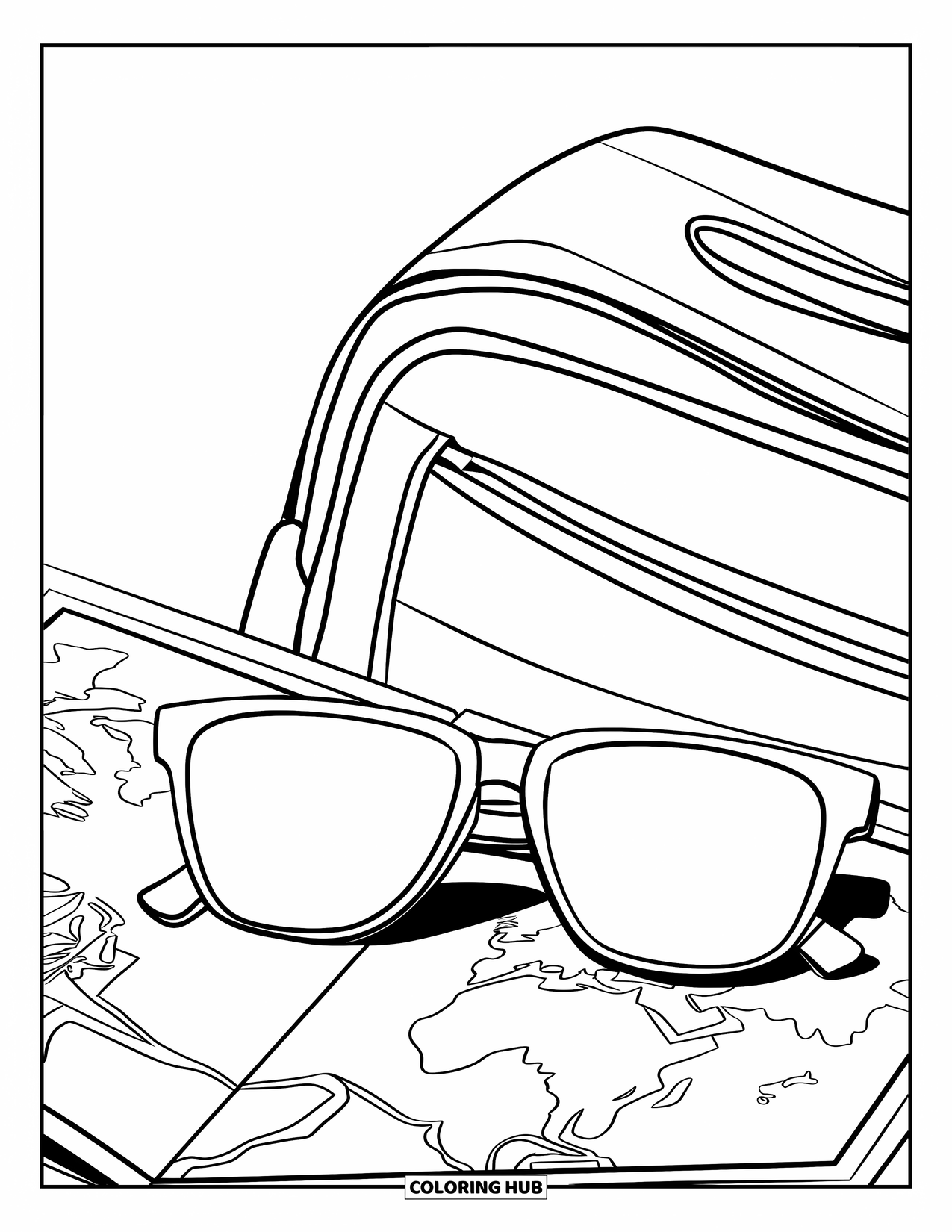 Sunglasses Coloring Page for Kids: A travel bag and folded map rest under a pair of large sunglasses