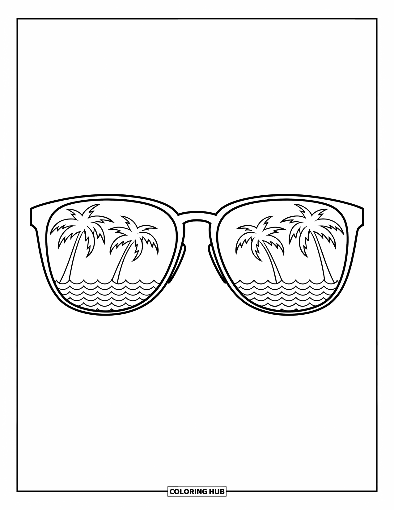 Sunglasses Coloring Page for Kids: Stylish sunglasses reflect an ocean view with palm trees and soft waves