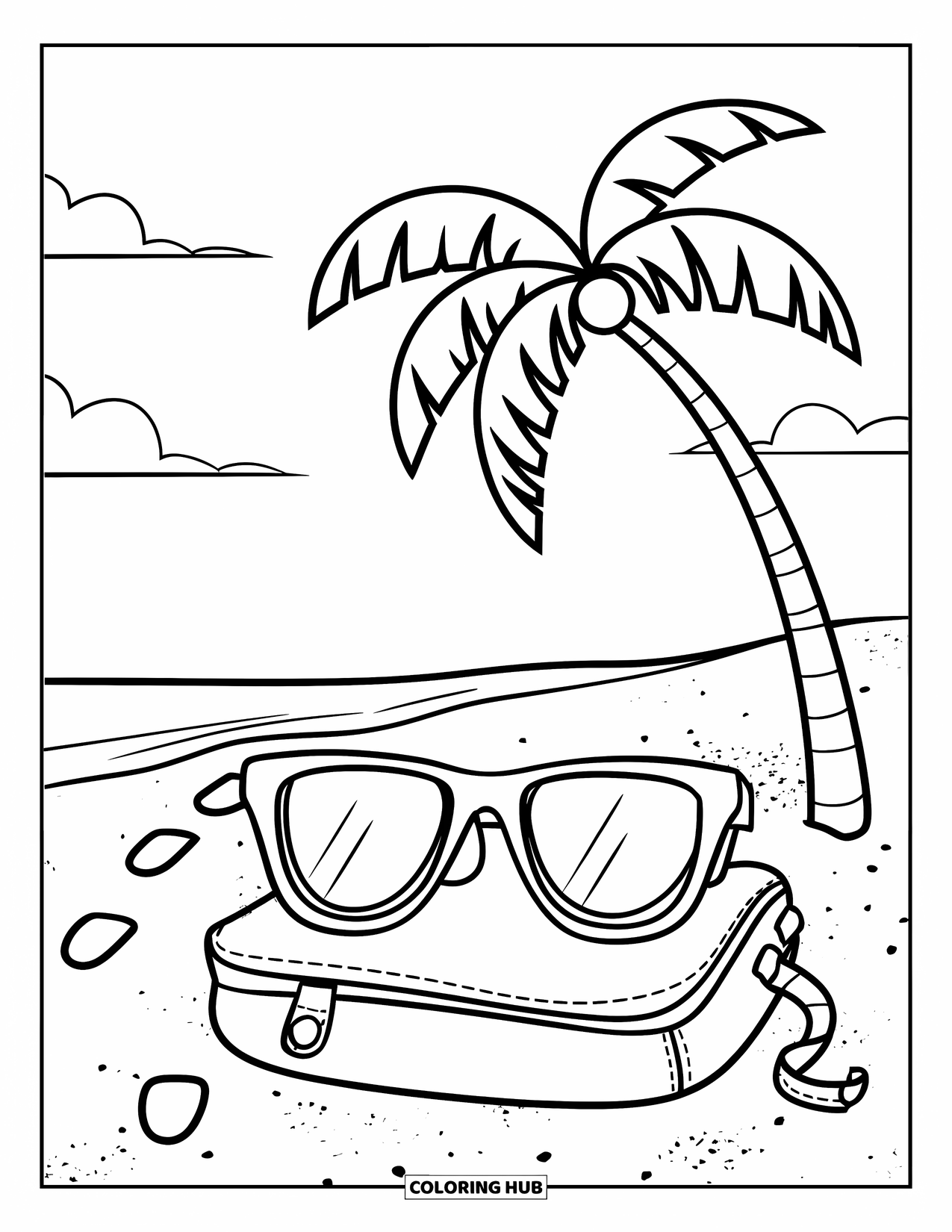 Sunglasses Coloring Page for Kids: Sunglasses lie on a beach bag under a palm tree with soft clouds above