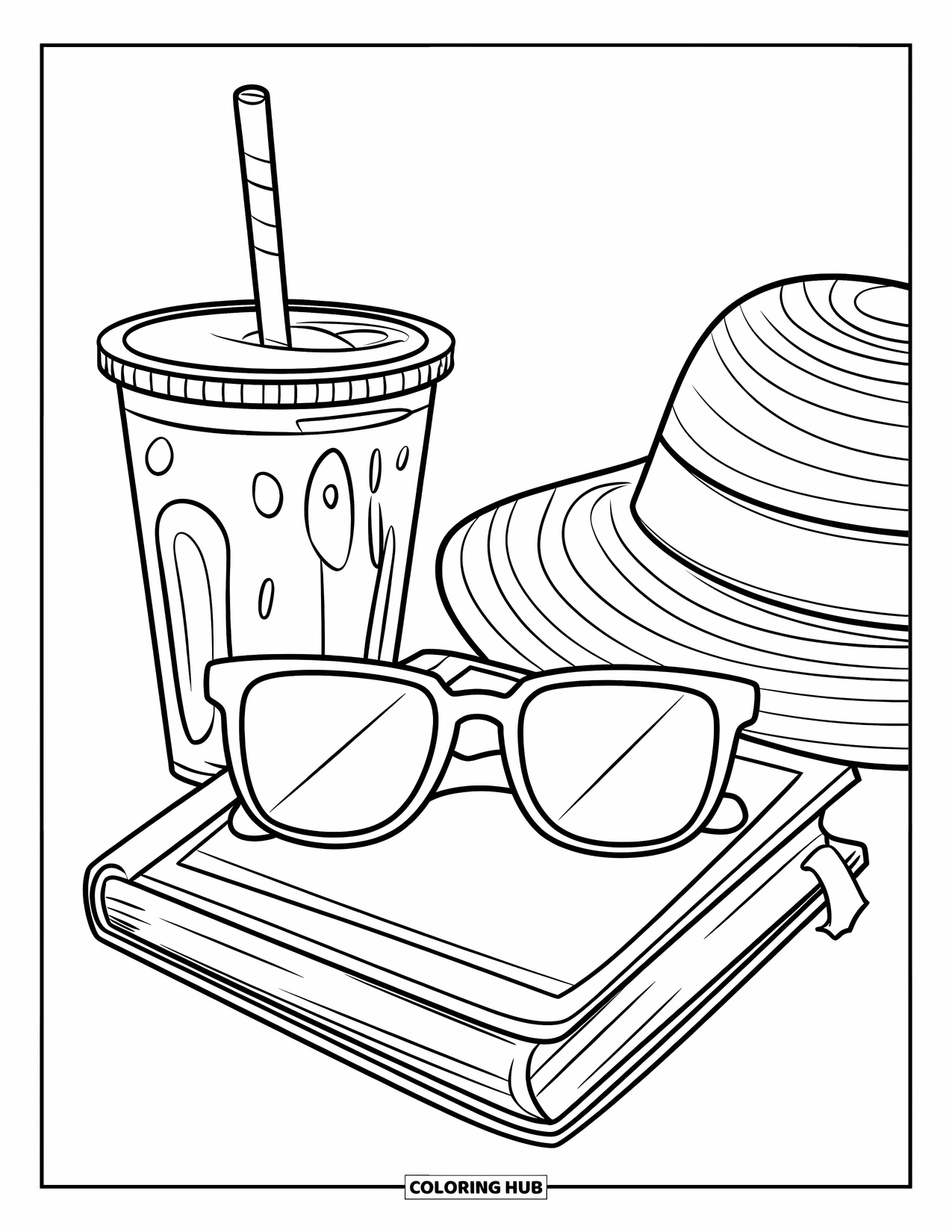 Sunglasses Coloring Page for Kids: Sunglasses lie on a book near a smoothie and hat, ready for sunny reading