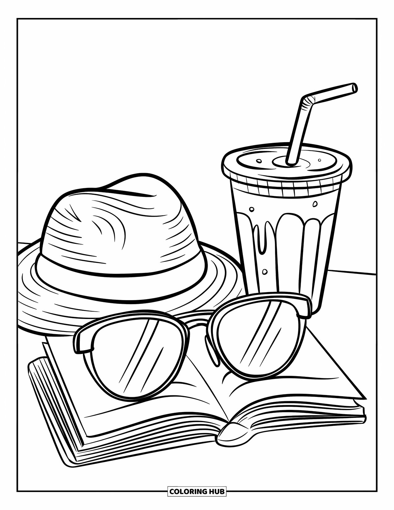 Sunglasses Coloring Page for Kids: Sunglasses on a book sit beside a smoothie and floppy sun hat