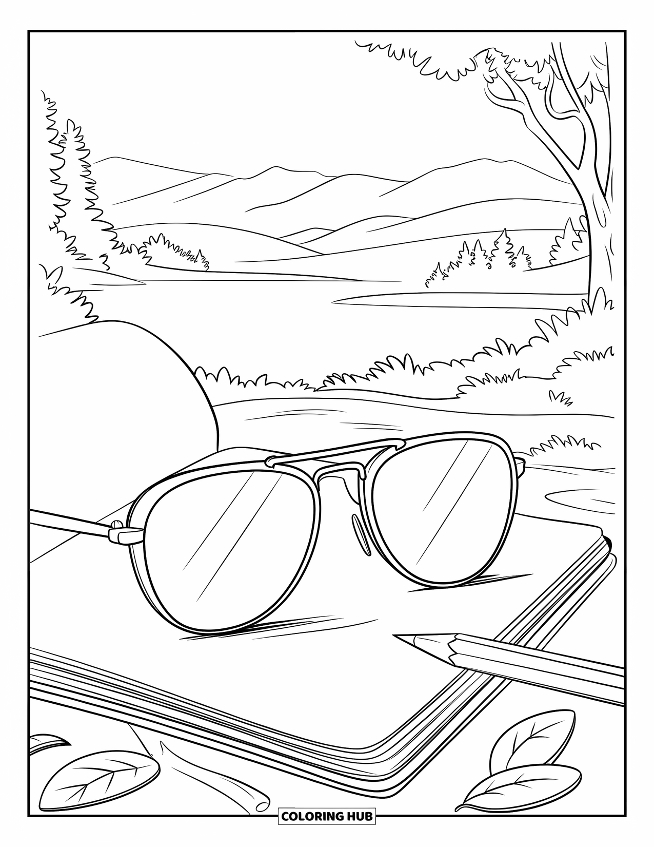Sunglasses Coloring Page for Kids: Sunglasses on a sketchbook overlook a mountain and lake landscape