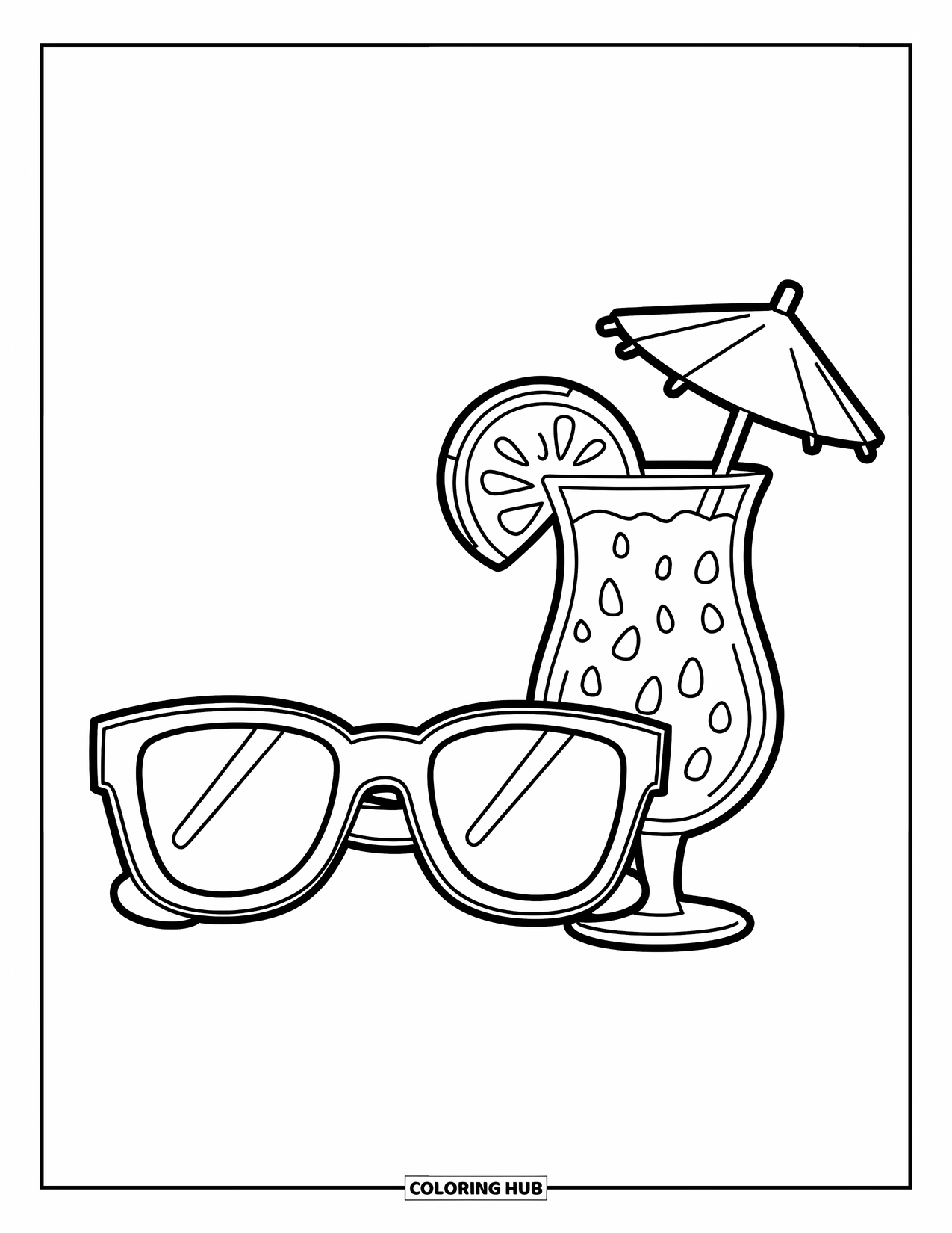 Sunglasses Coloring Page for Kids: Sunglasses rest beside a tall tropical drink with fruit and umbrella garnish