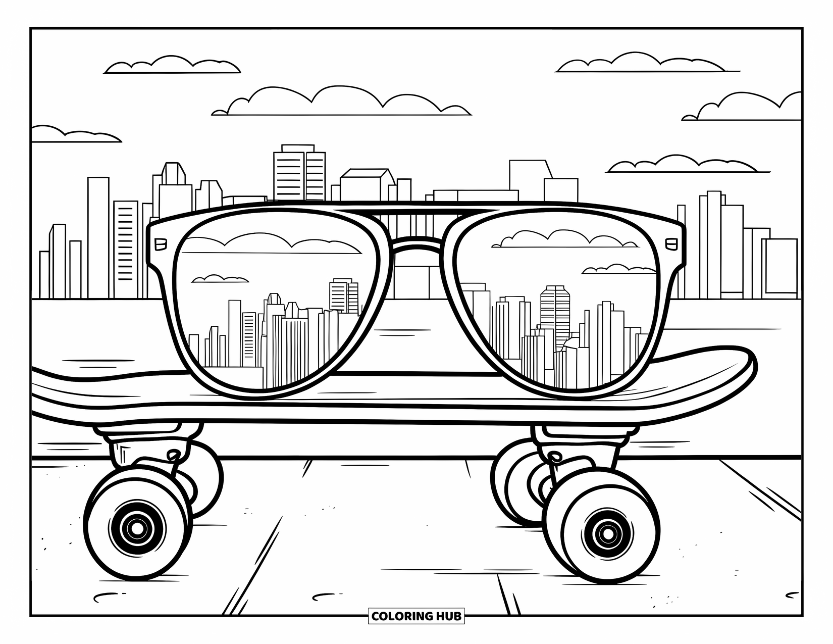 Sunglasses Coloring Page for Kids: Sunglasses rest on a skateboard rim with buildings and clouds in the reflection
