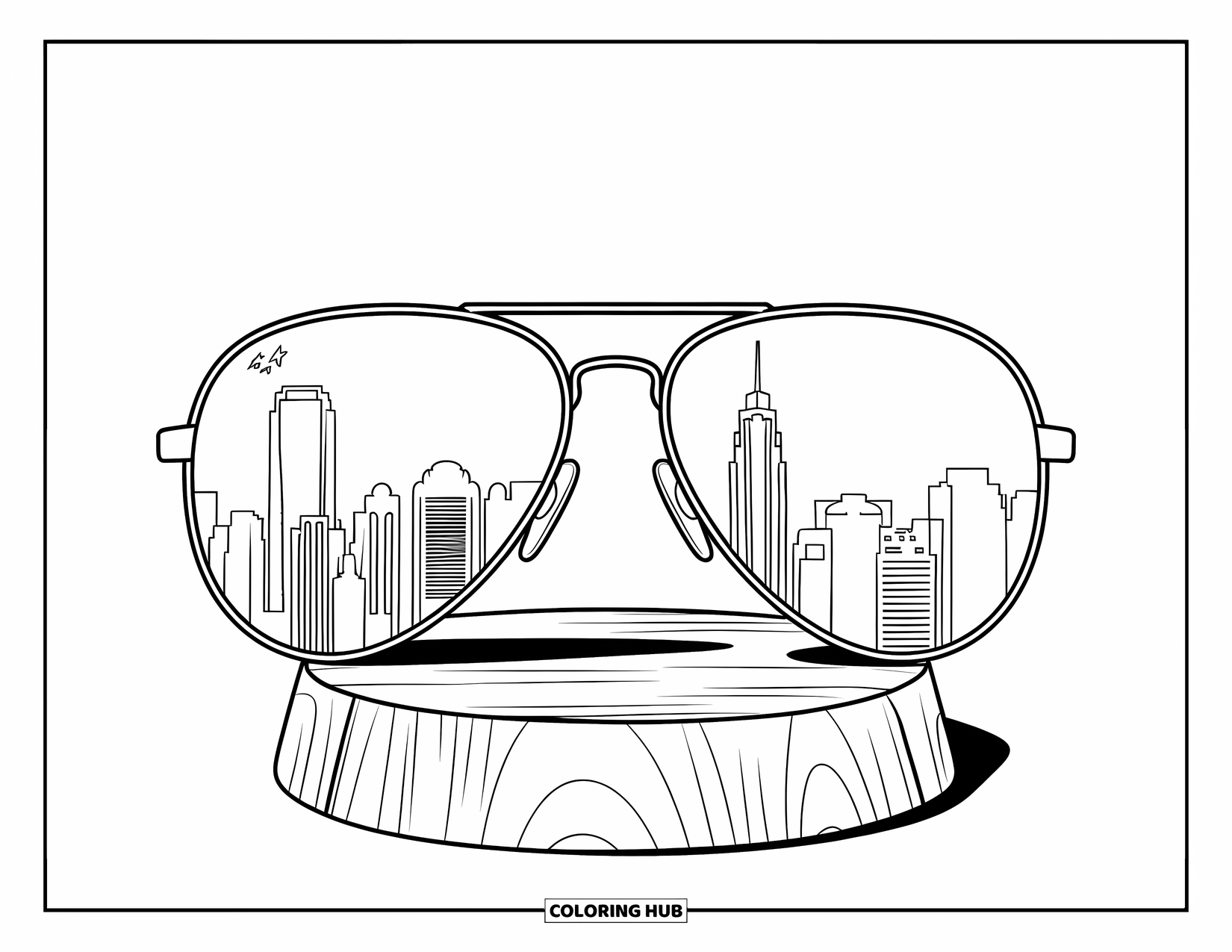 Sunglasses Coloring Page for Kids: Sunglasses rest on a wooden stand with a city skyline reflected in the lenses