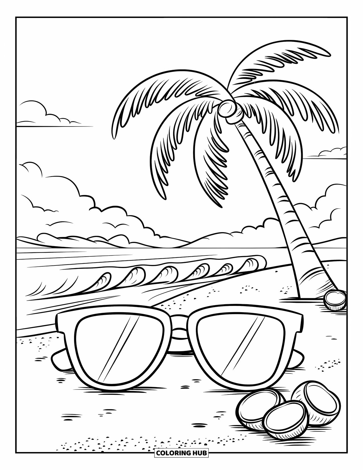 Sunglasses Coloring Page for Kids: Sunglasses sit near ocean waves with coconuts hanging from a tall palm tree