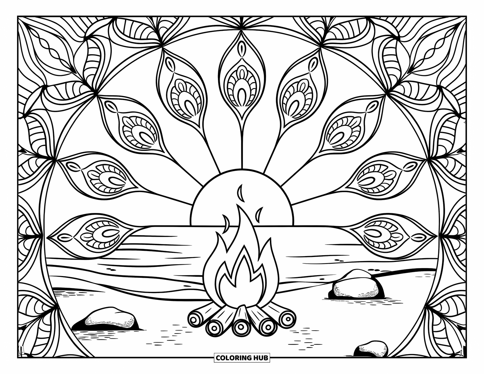 Sunset Beach Coloring Page for Adults: A beach bonfire with mandala flames rests by waves and rocks