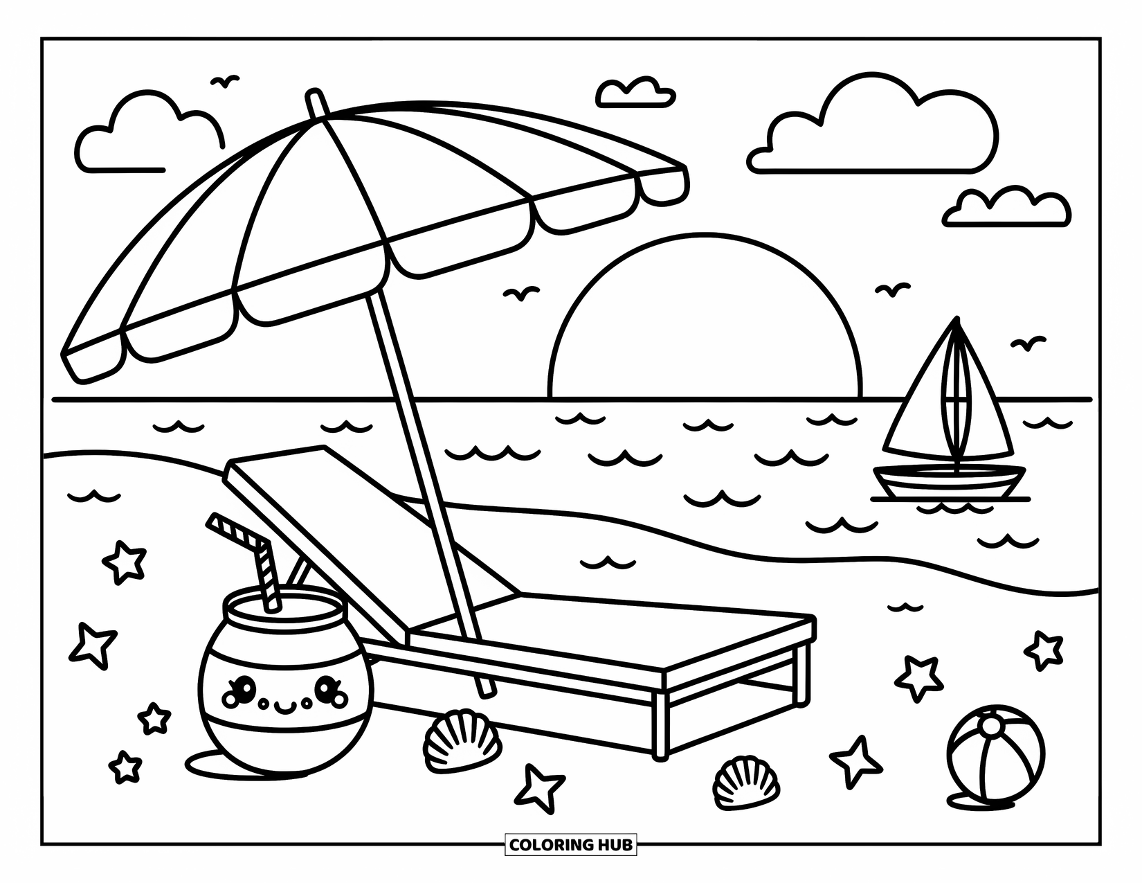 Sunset Beach Coloring Page for Adults: A beach umbrella and chair sit by the shore as the sun sets