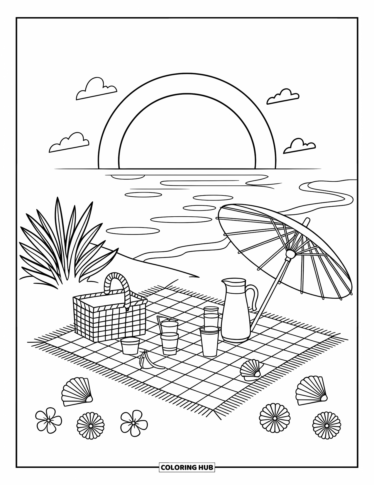 Sunset Beach Coloring Page for Adults: A blanket with cups, juice, and seashells is set for a beach picnic