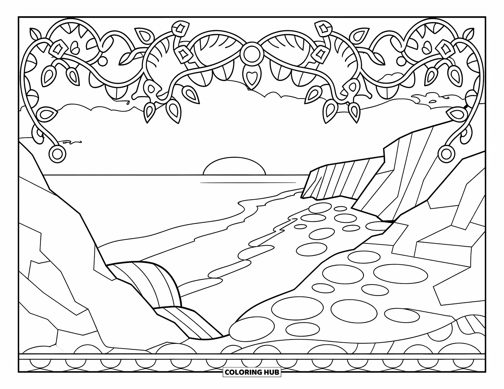 Sunset Beach Coloring Page for Adults: A cliffside ocean view at sunset framed with mandala vines