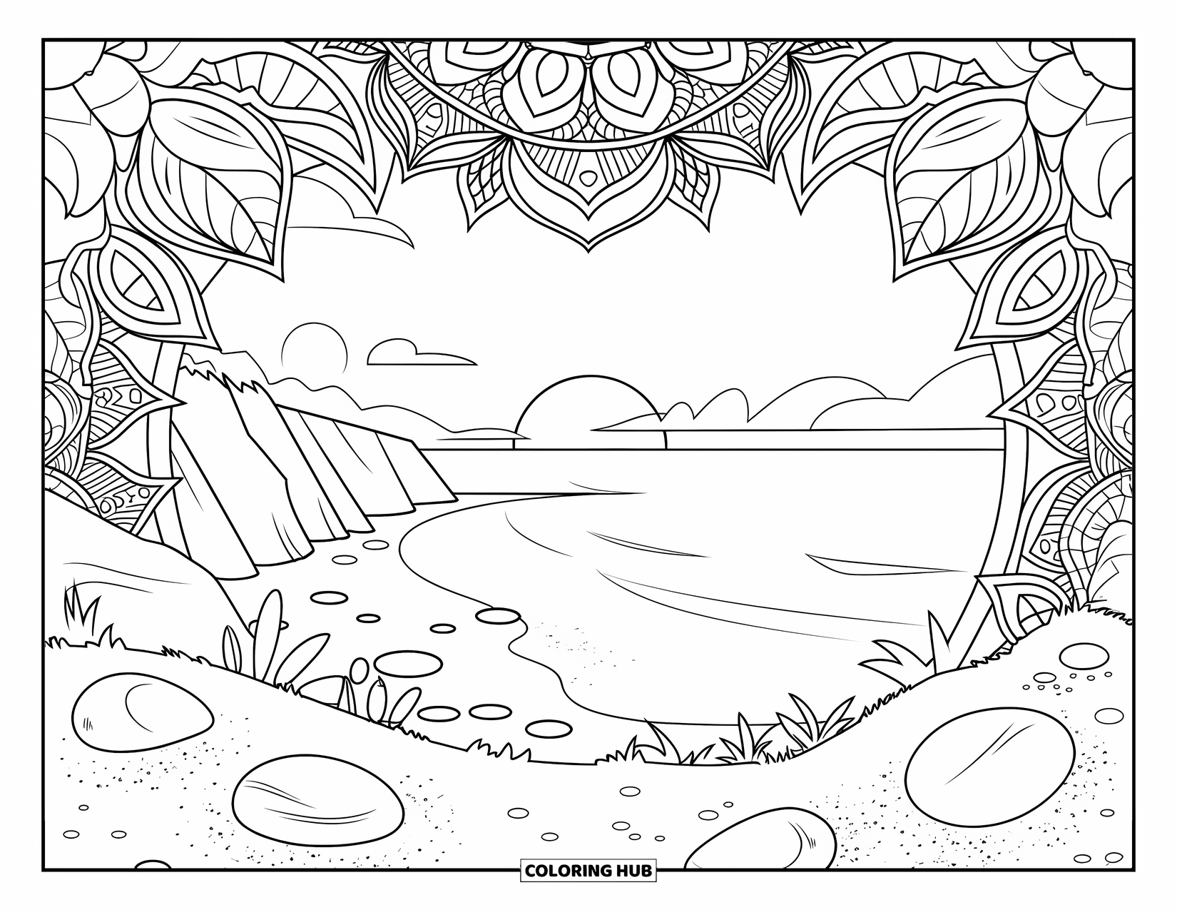 Sunset Beach Coloring Page for Adults: A cliffside sunset view framed with mandala vines and rocks