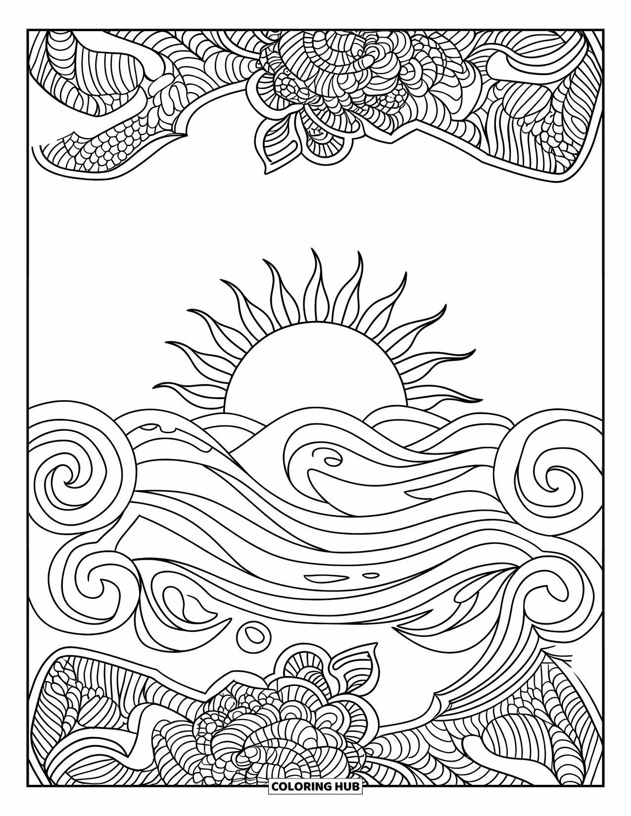 Sunset Beach Coloring Page for Adults: A glowing sun over waves framed by coral and wave mandalas