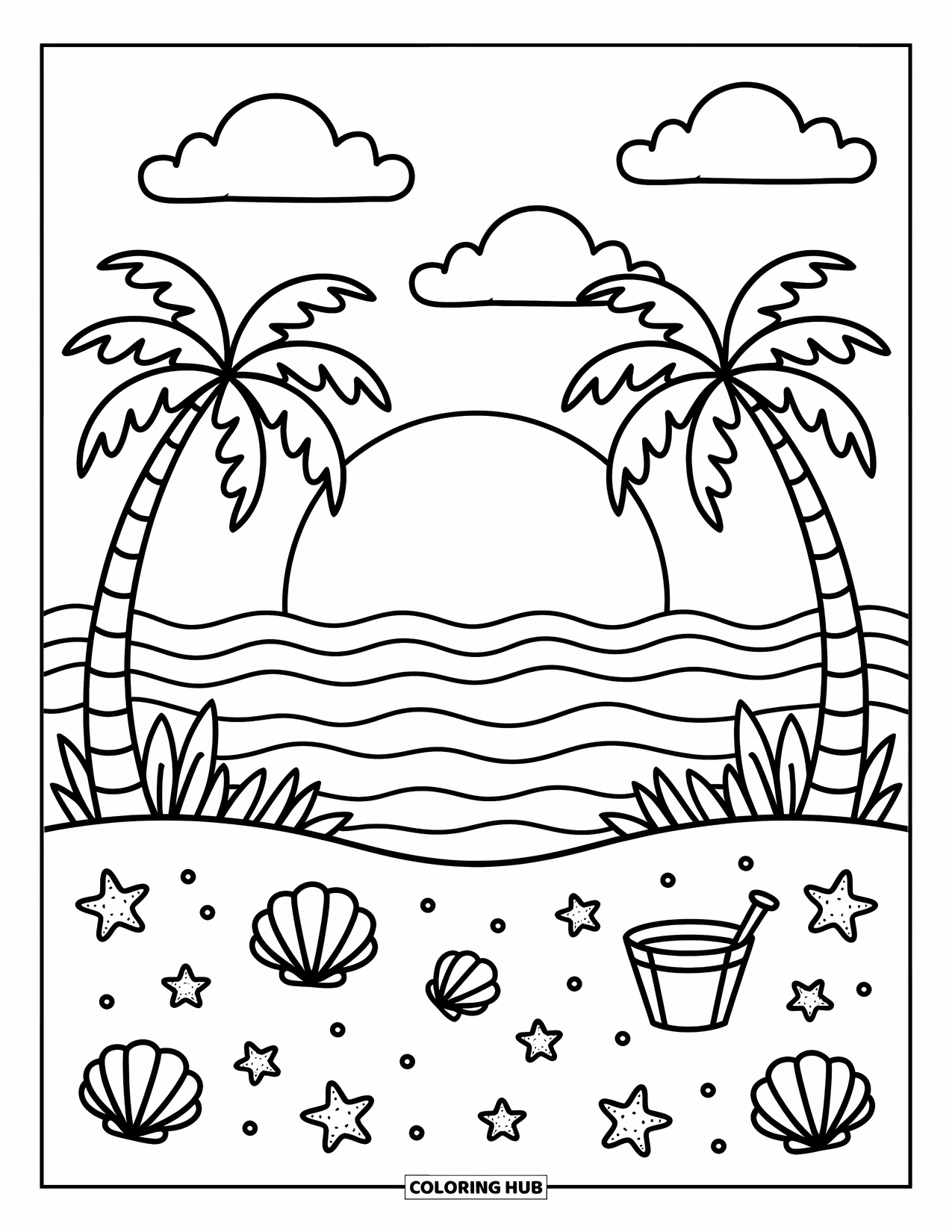 Sunset Beach Coloring Page for Adults: A glowing sun sets behind palm trees, seashells, and a sandy beach