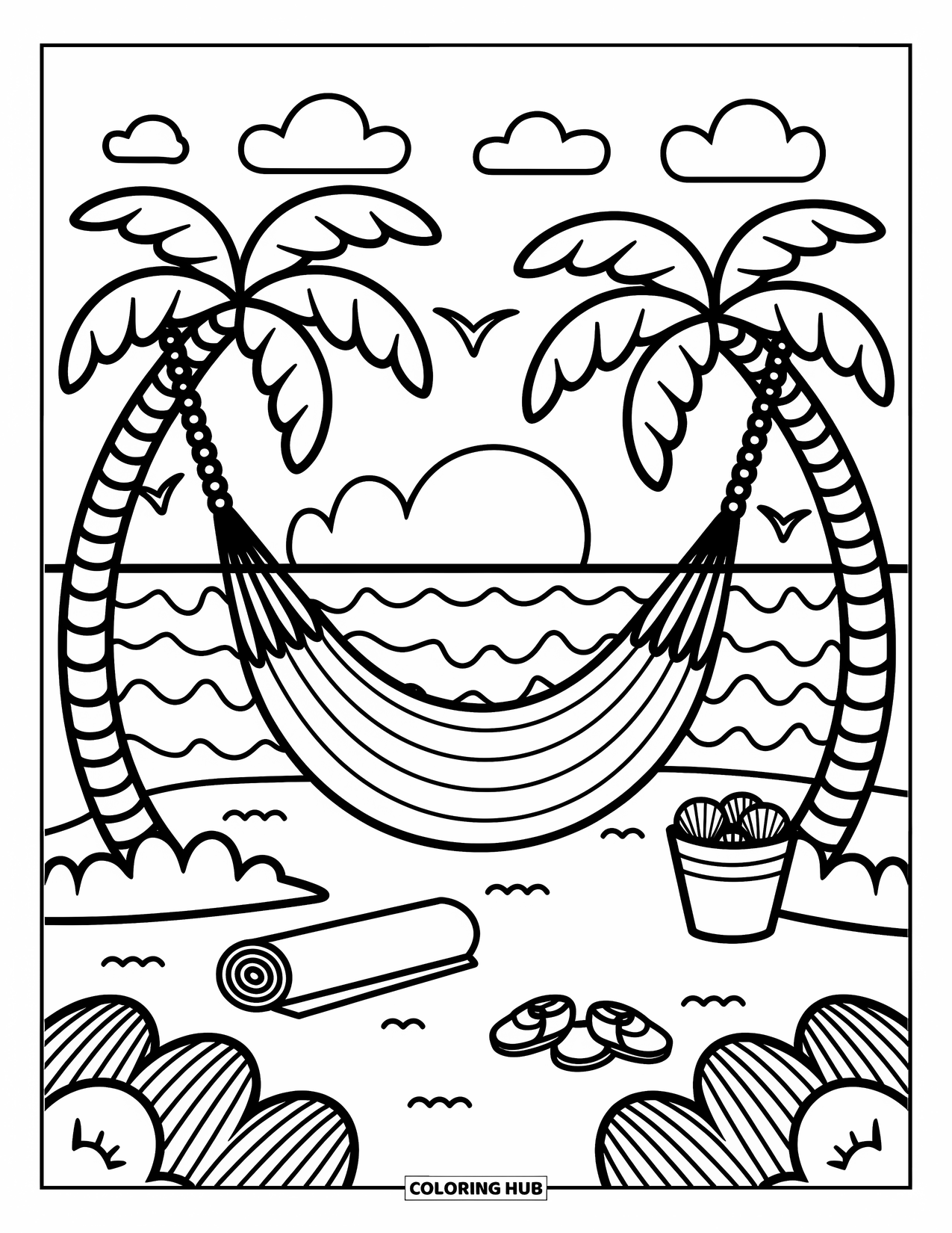 Sunset Beach Coloring Page for Adults: A hammock between palms faces the sunset with seashells on the sand