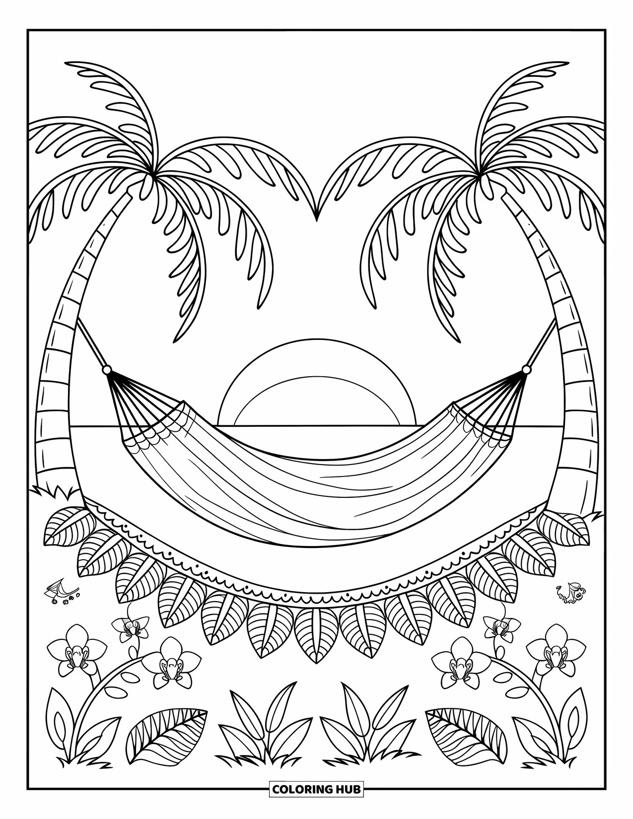 Sunset Beach Coloring Page for Adults: A hammock hangs between palm trees surrounded by mandala leaves