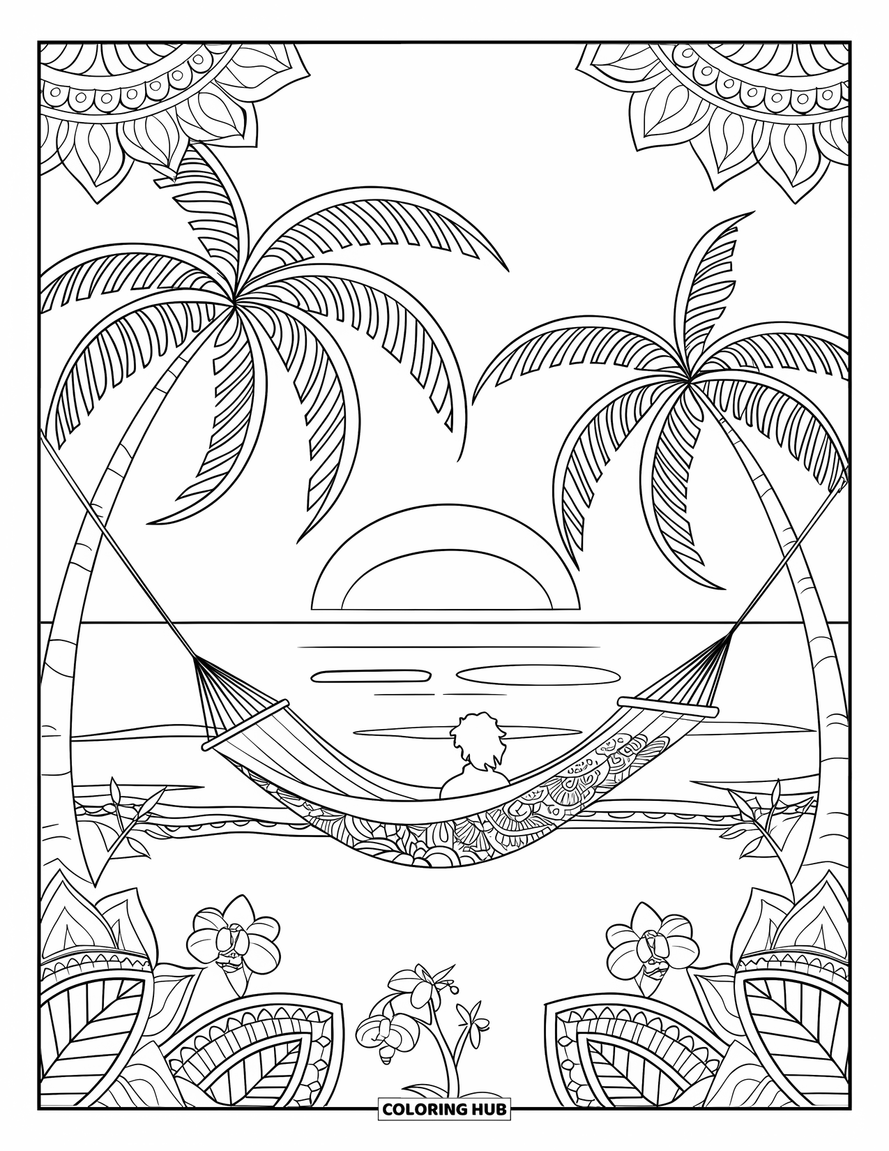 Sunset Beach Coloring Page for Adults: A hammock swings near the ocean with mandala leaves and orchids