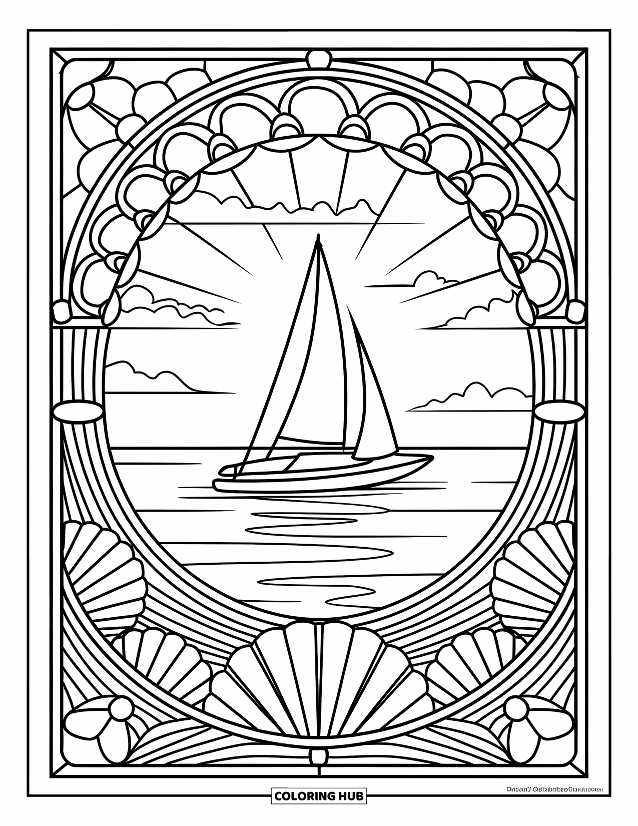 Sunset Beach Coloring Page for Adults: A lone sailboat drifts at sunset framed by seashell mandala rays