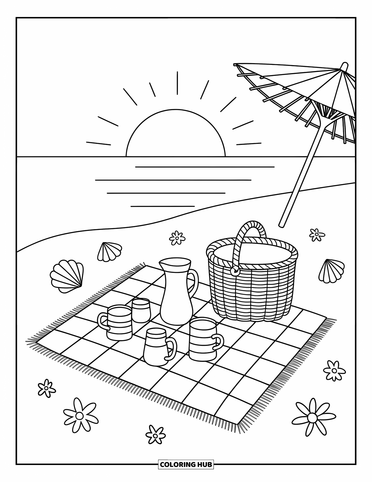 Sunset Beach Coloring Page for Adults: A picnic blanket with a basket and juice sits by the sunset shore