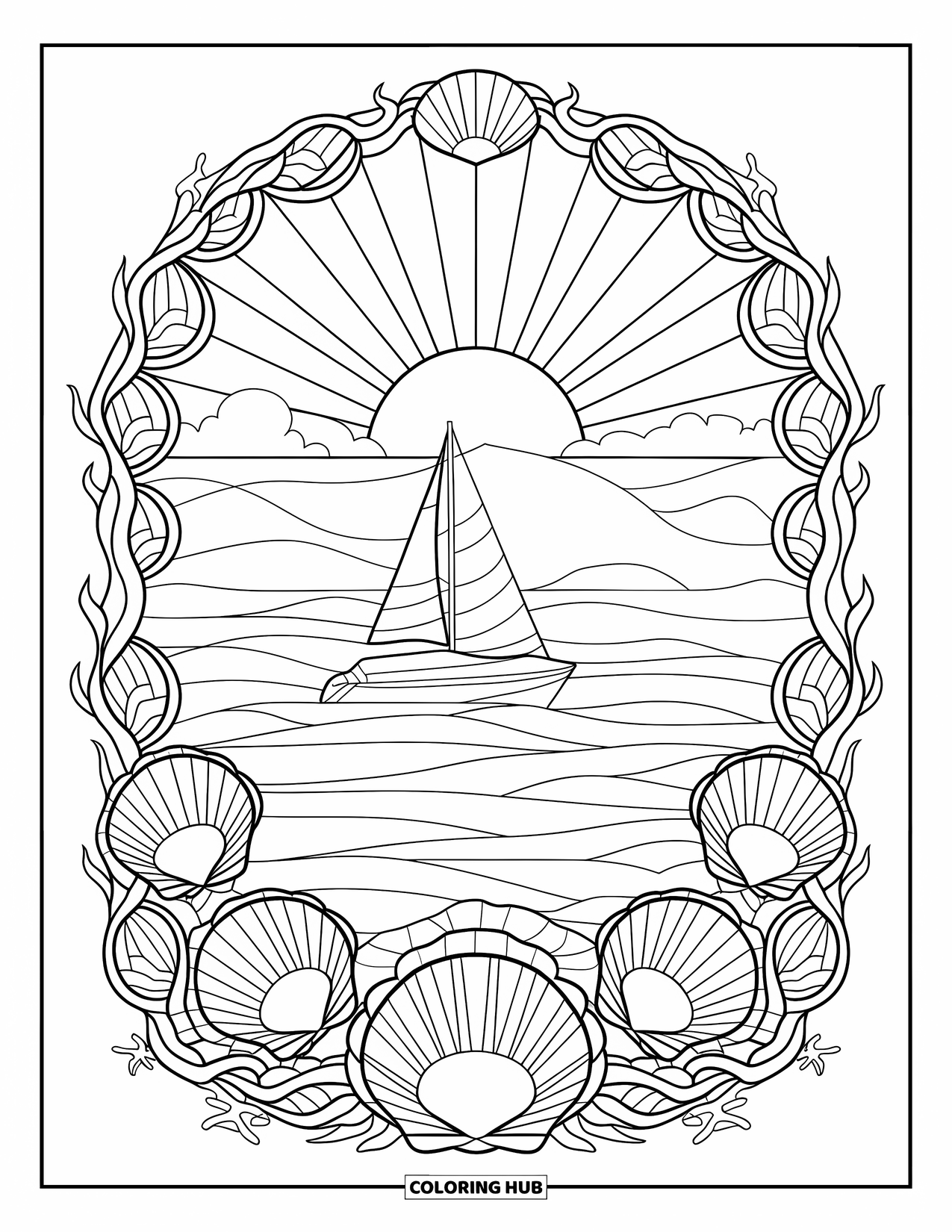 Sunset Beach Coloring Page for Adults: A sailboat on calm water encircled by seashells and sun rays