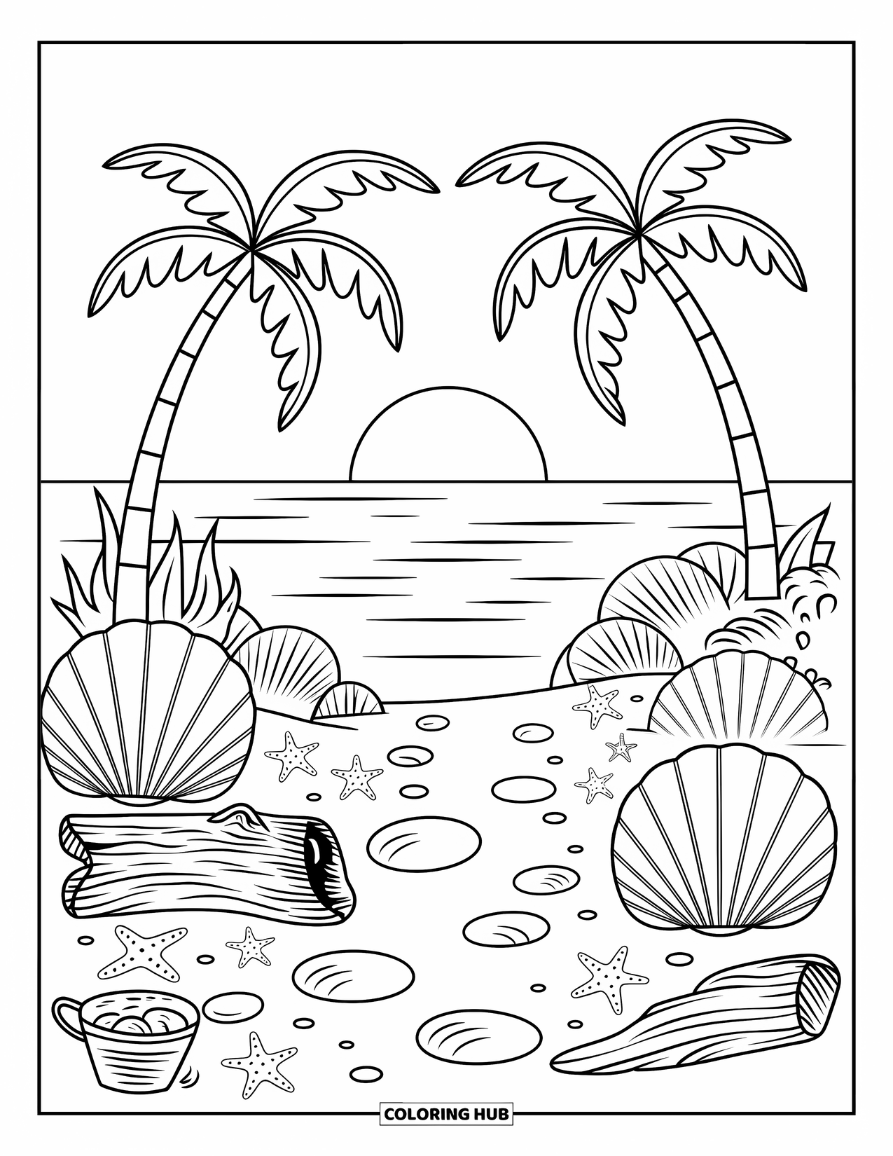 Sunset Beach Coloring Page for Adults: A sandy path with seashells leads to the sunset over the water