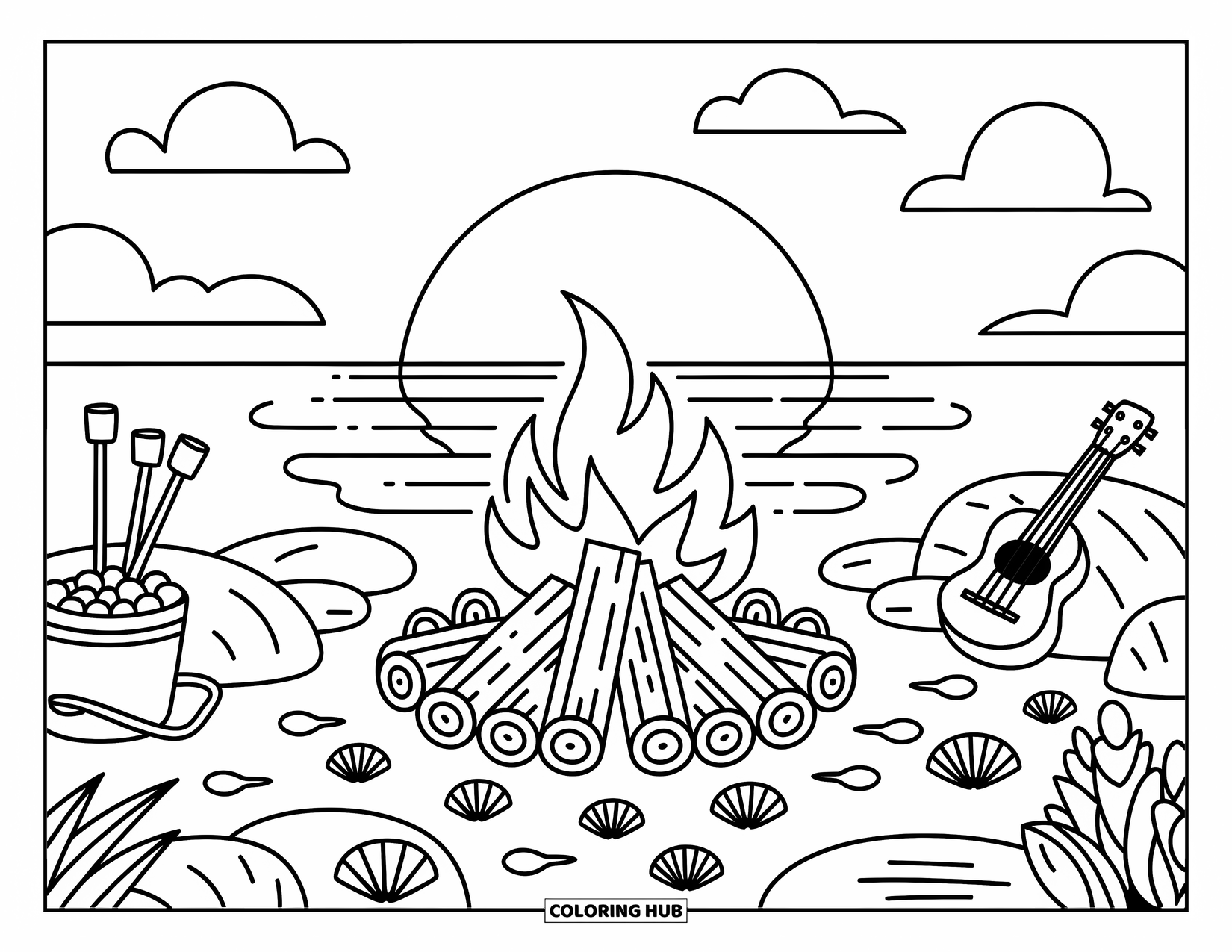 Sunset Beach Coloring Page for Adults: A seaside bonfire with seashells, marshmallows, and a sunset view