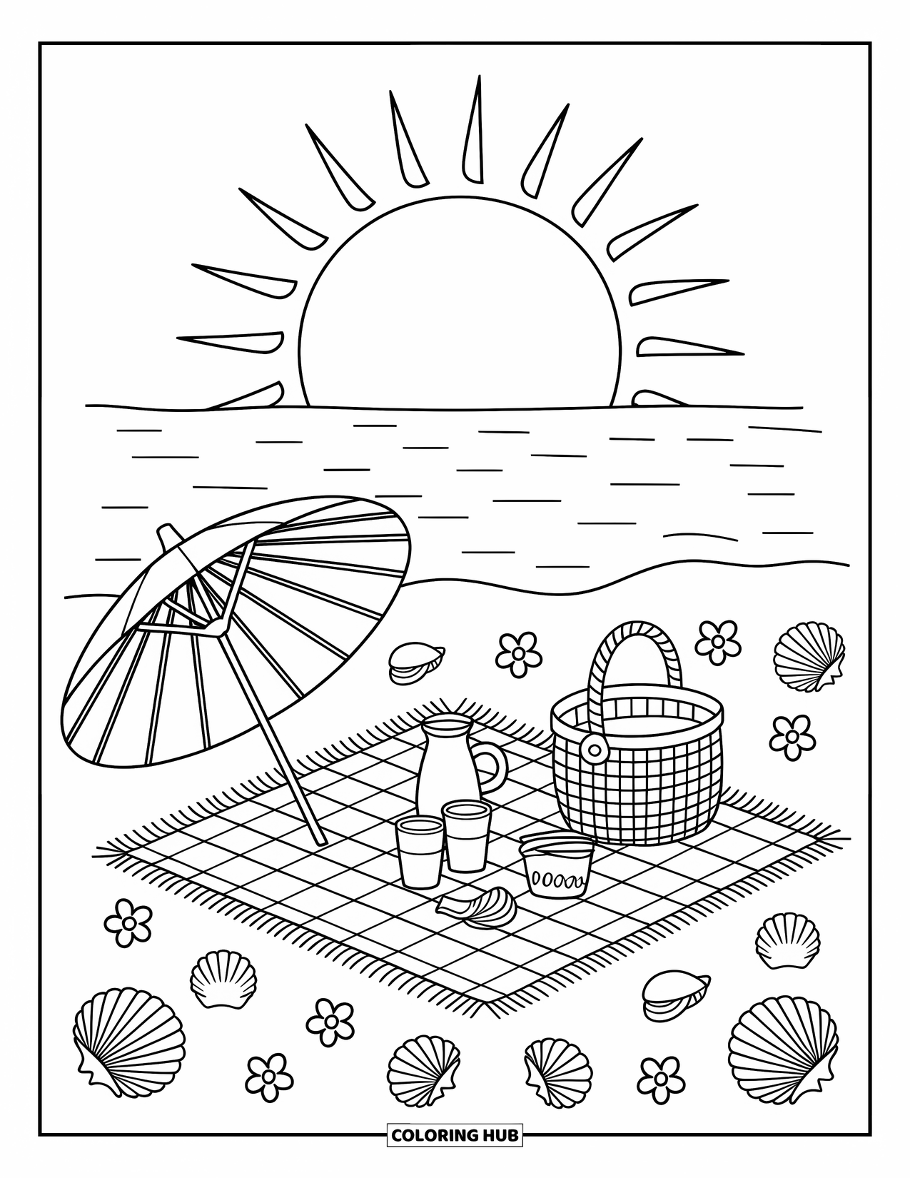 Sunset Beach Coloring Page for Adults: A seaside picnic with a basket and seashells rests beneath the sunset