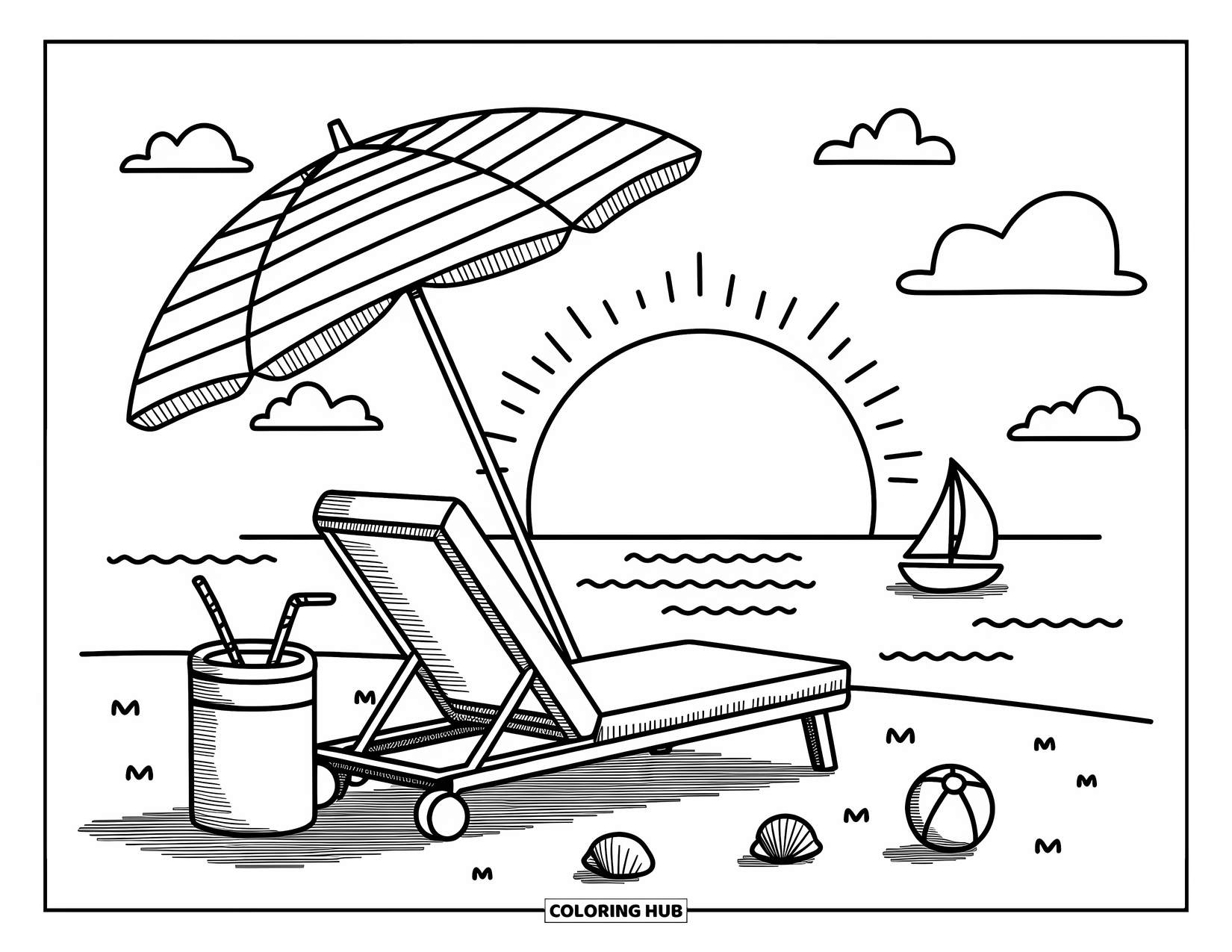 Sunset Beach Coloring Page for Adults: A striped beach umbrella shades a lounge chair facing the sunset
