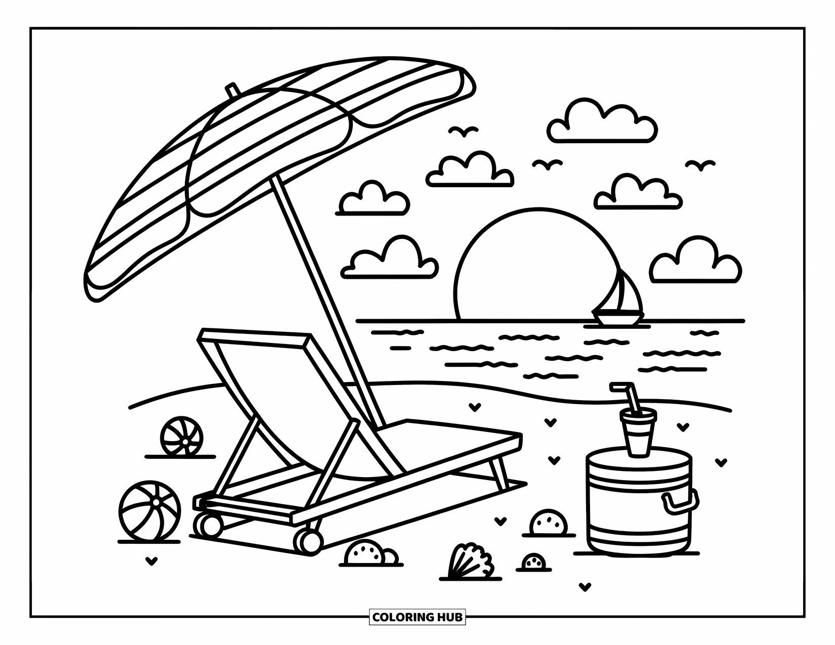 Sunset Beach Coloring Page for Adults: A striped umbrella and chair face the sunset with a sailboat in the distance