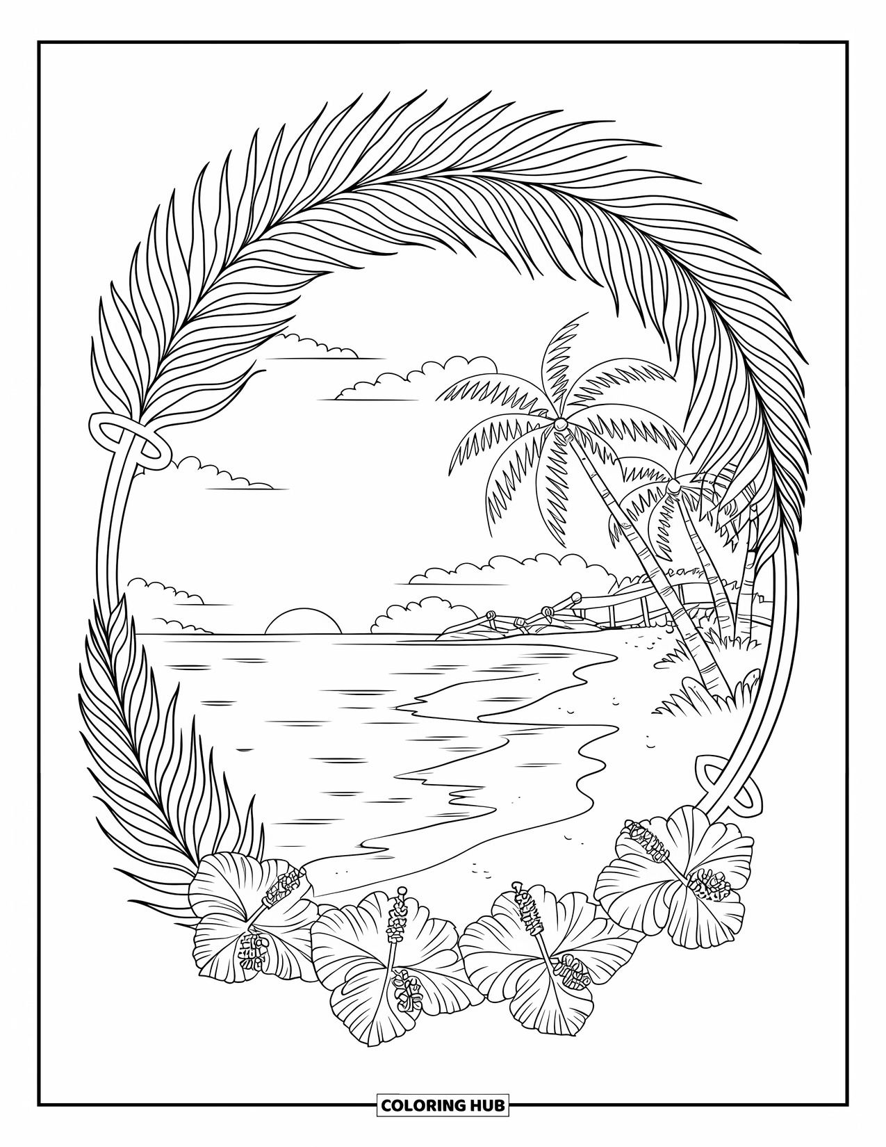 Sunset Beach Coloring Page for Adults: A sunset beach scene framed with palm frond and hibiscus mandalas