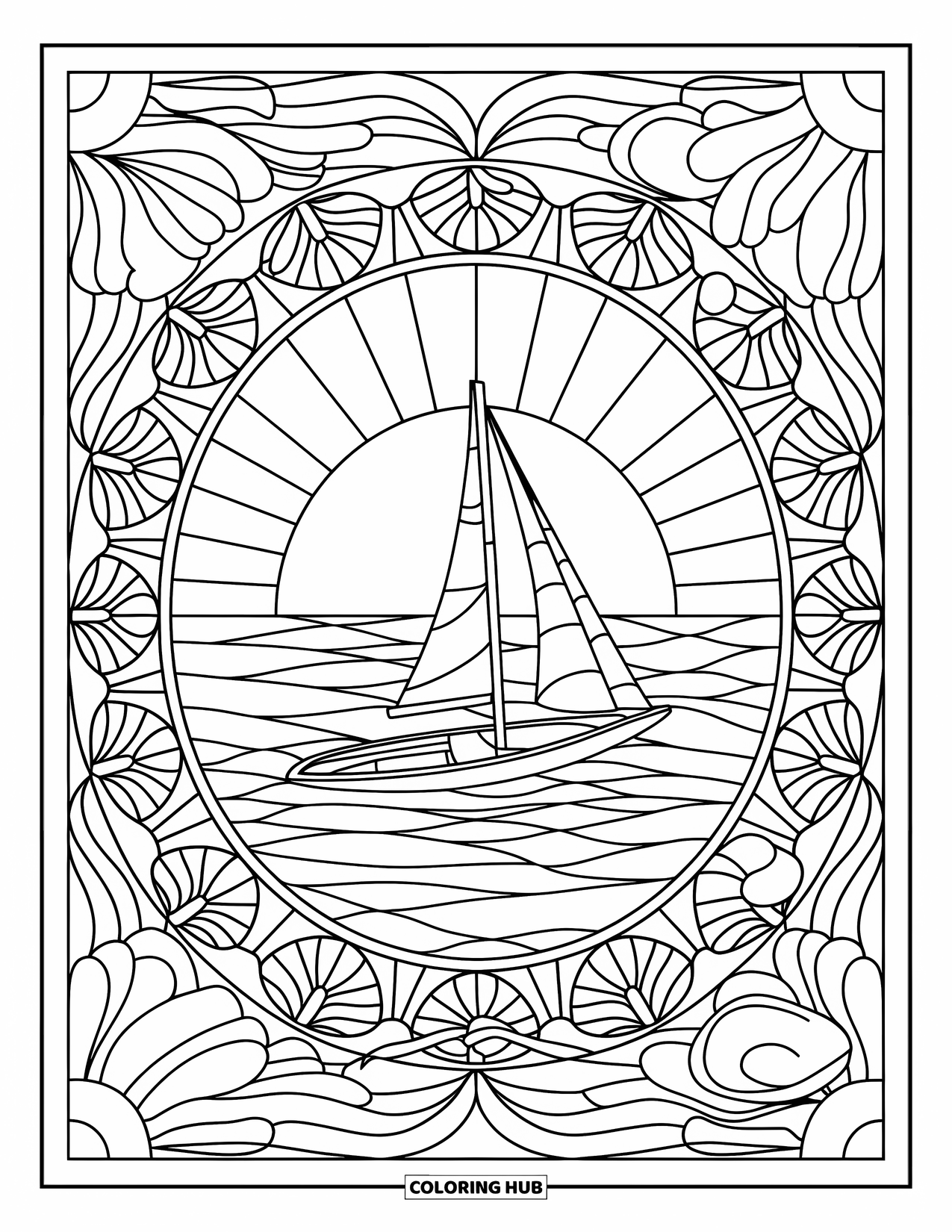 Sunset Beach Coloring Page for Adults: A sunset sailboat framed by seashell and sun ray mandala patterns