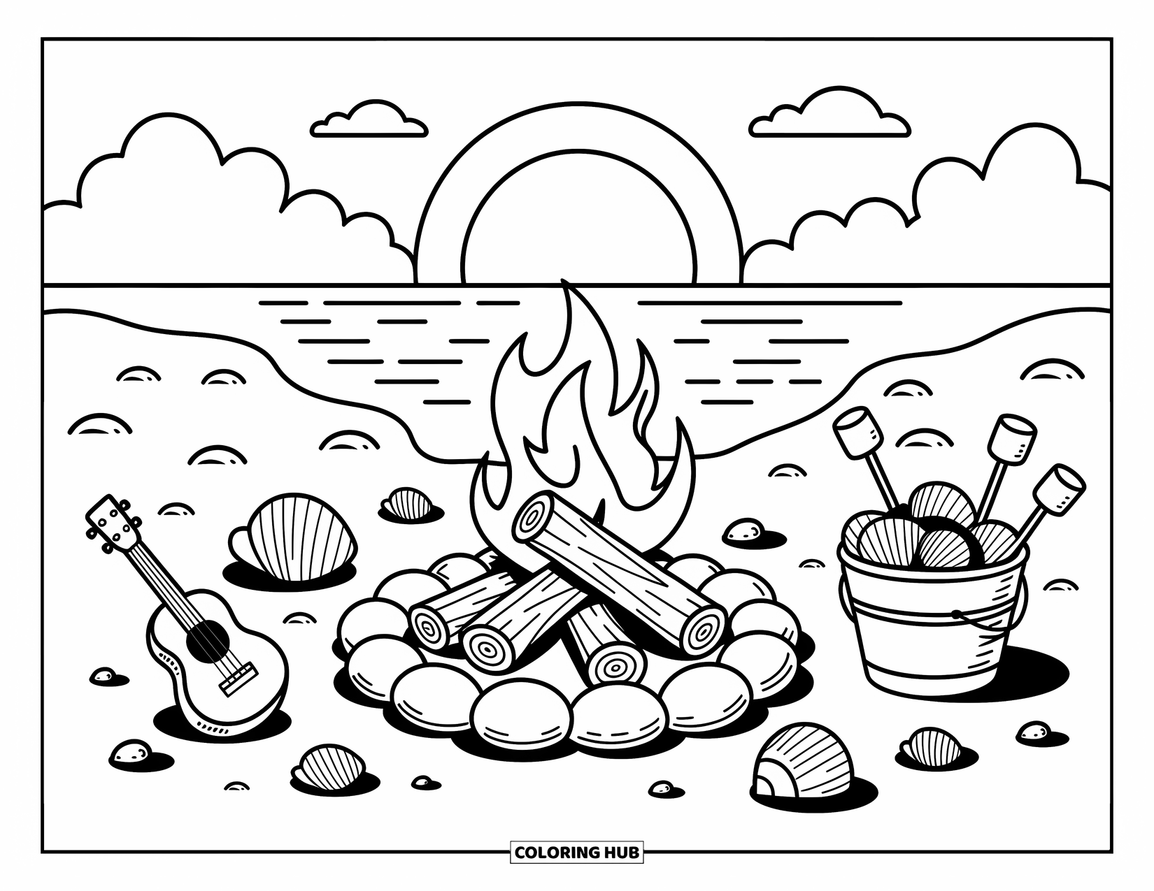 Sunset Beach Coloring Page for Adults: A warm bonfire burns with seashells, marshmallows, and a bucket of shells